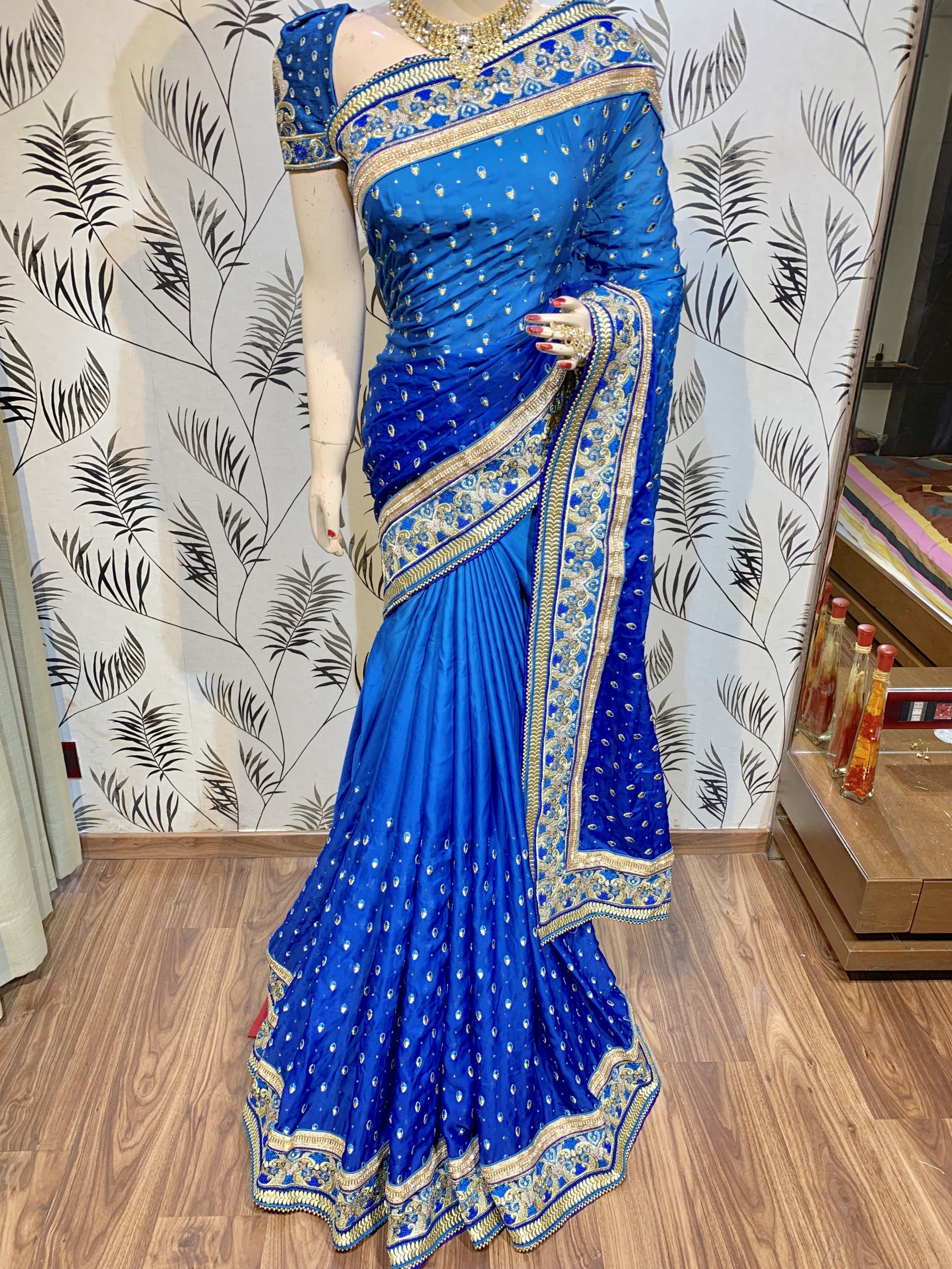 Pure Sateen Silk Bridal Wear Saree In Blue WIth Embroidery Work & Crystal Stone work   