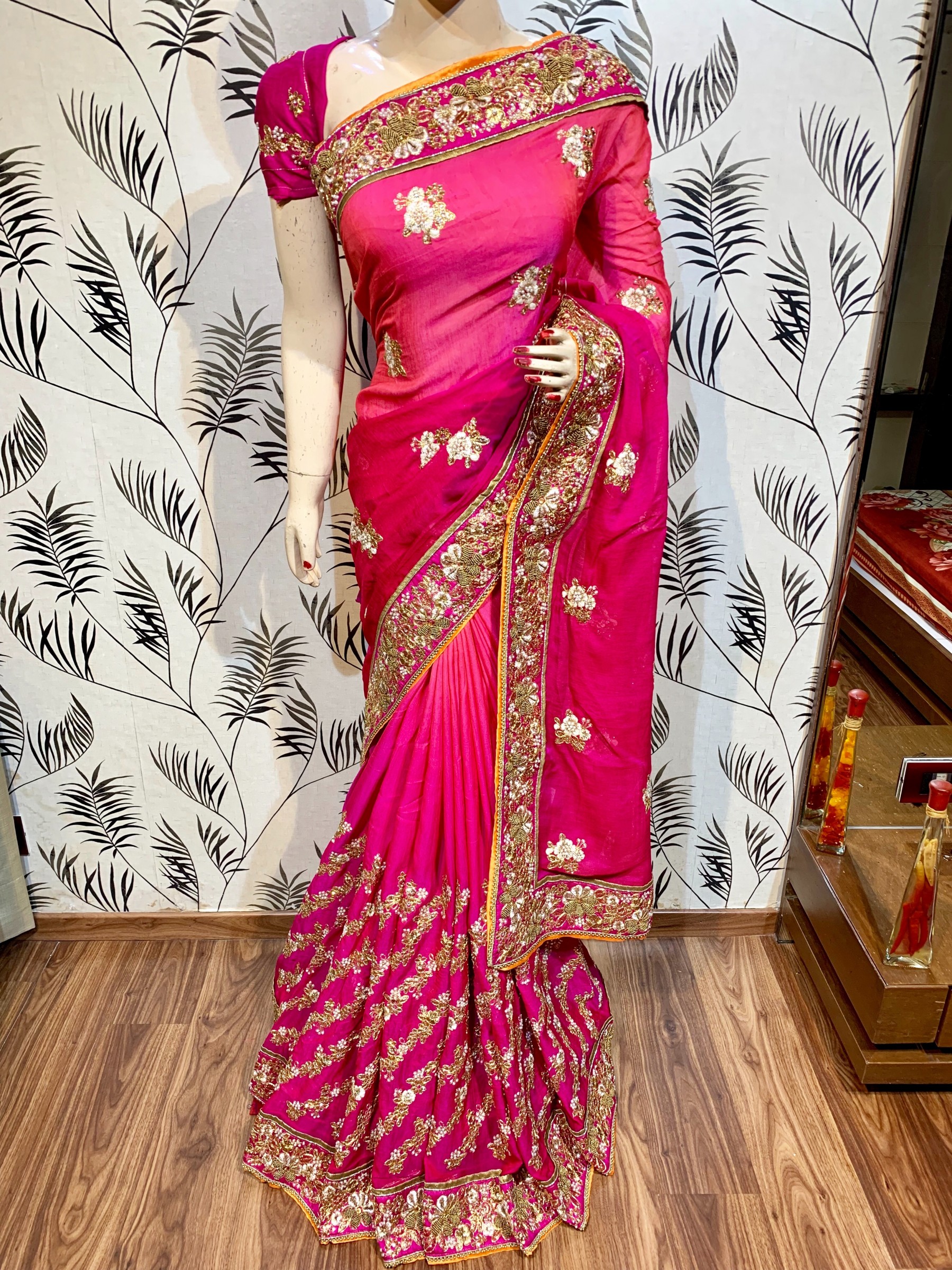 Slub Chiffon Wedding Wear Saree In Rani WIth Embroidery Work & Crystal Stone work   