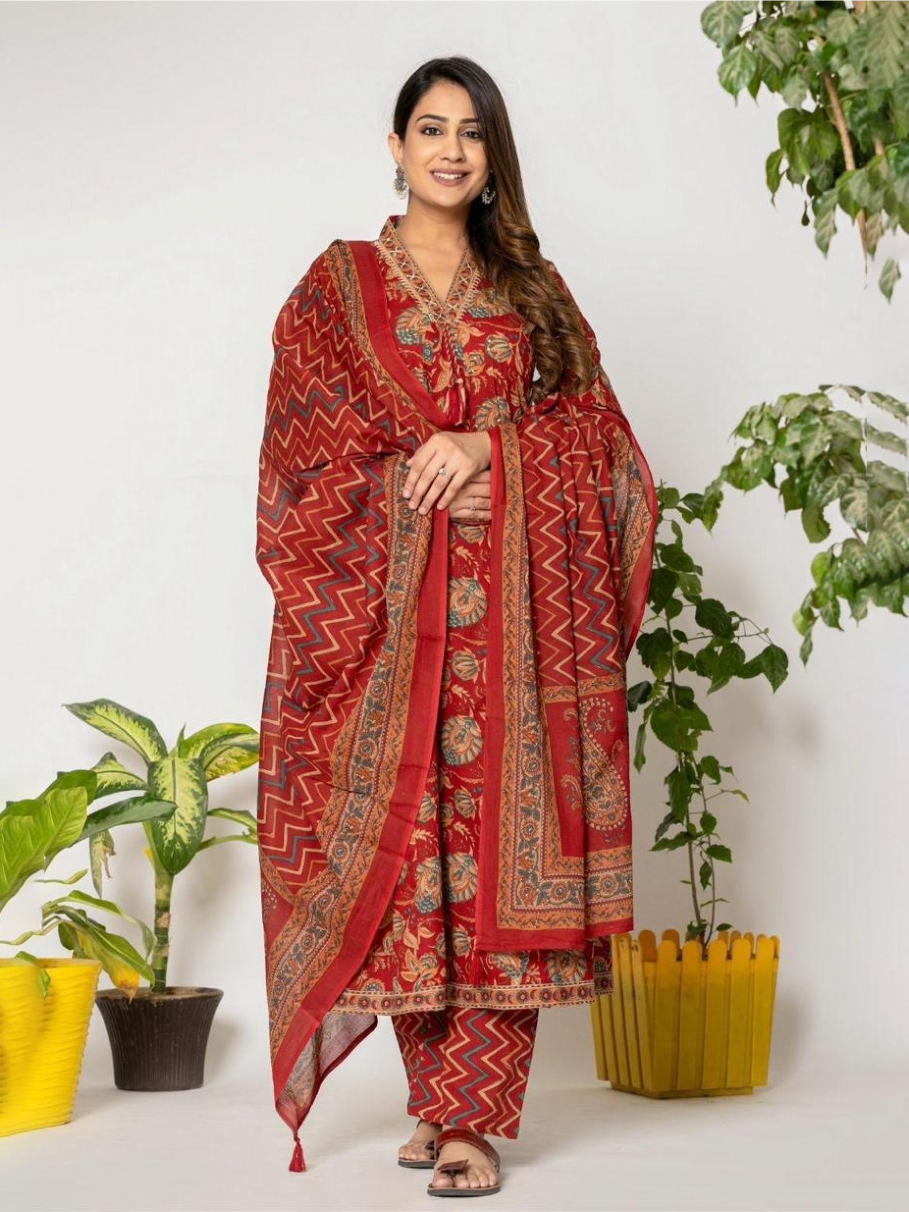 Cotton Silk Party Wear Suit In Red Color With Print work  