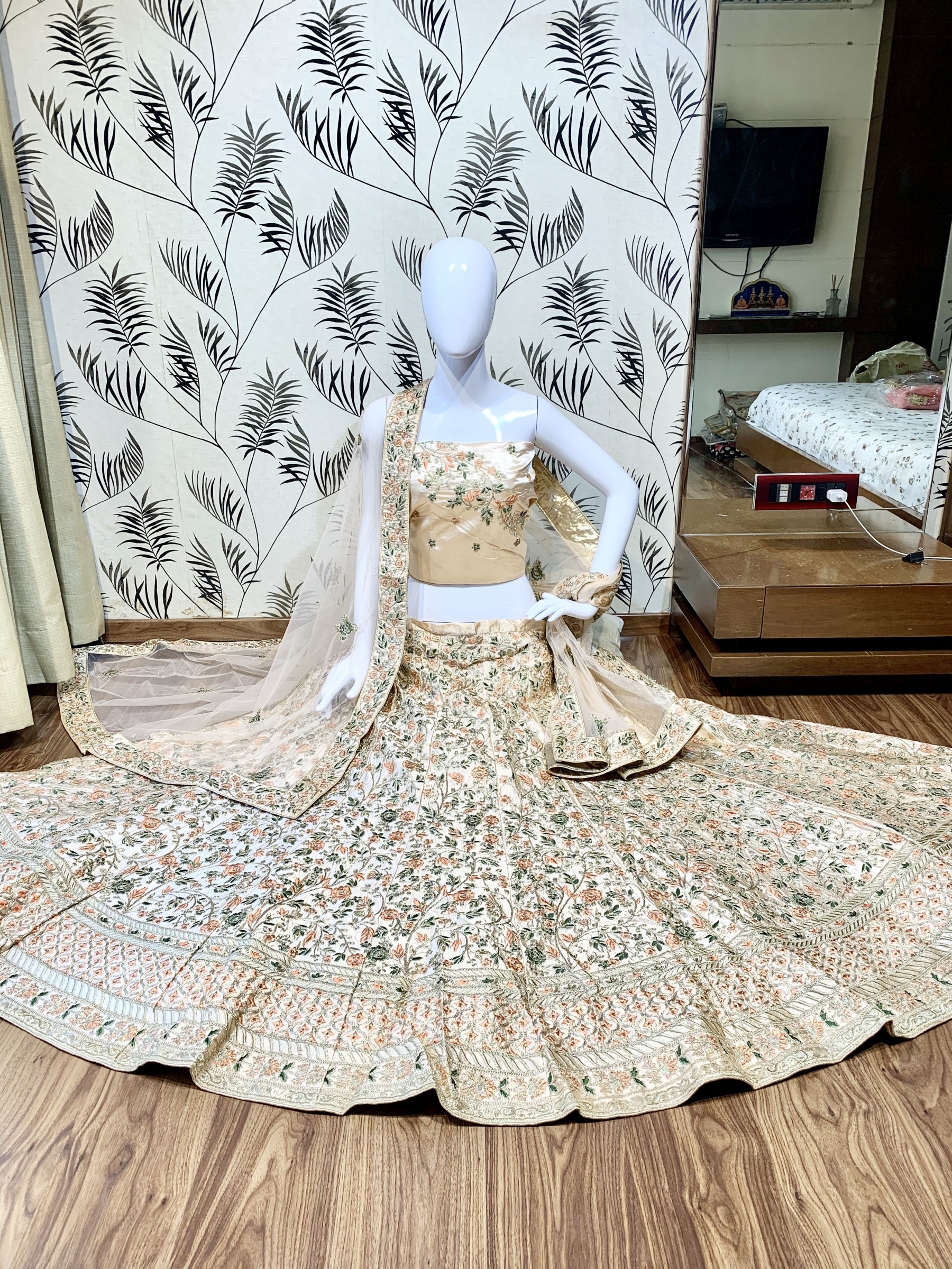 Pure Satin Silk Wedding Wear Lehenga In Peach WIth Embroidery & Crystals Stone Work 