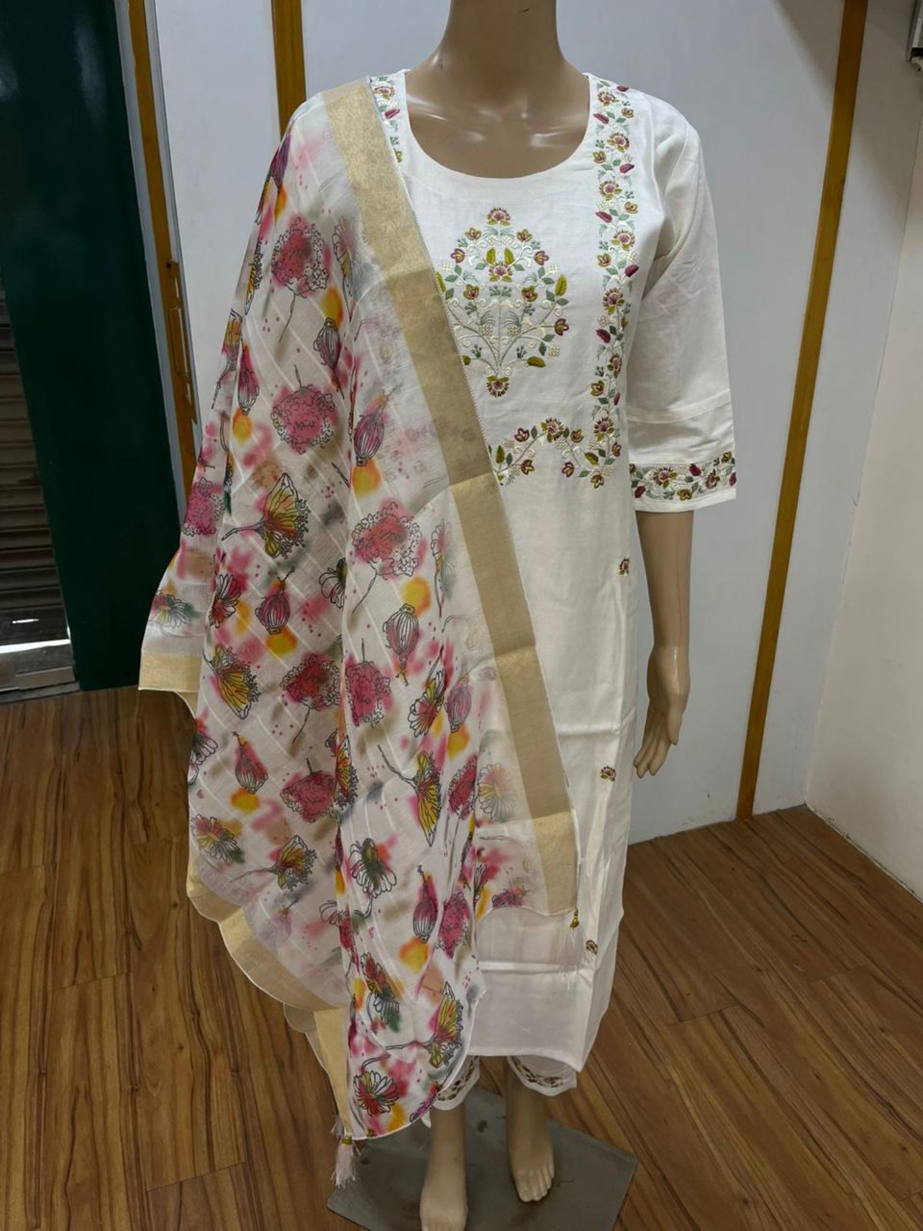 Cotton Silk Party Wear Suit In Off White Color With Embroidery work  
