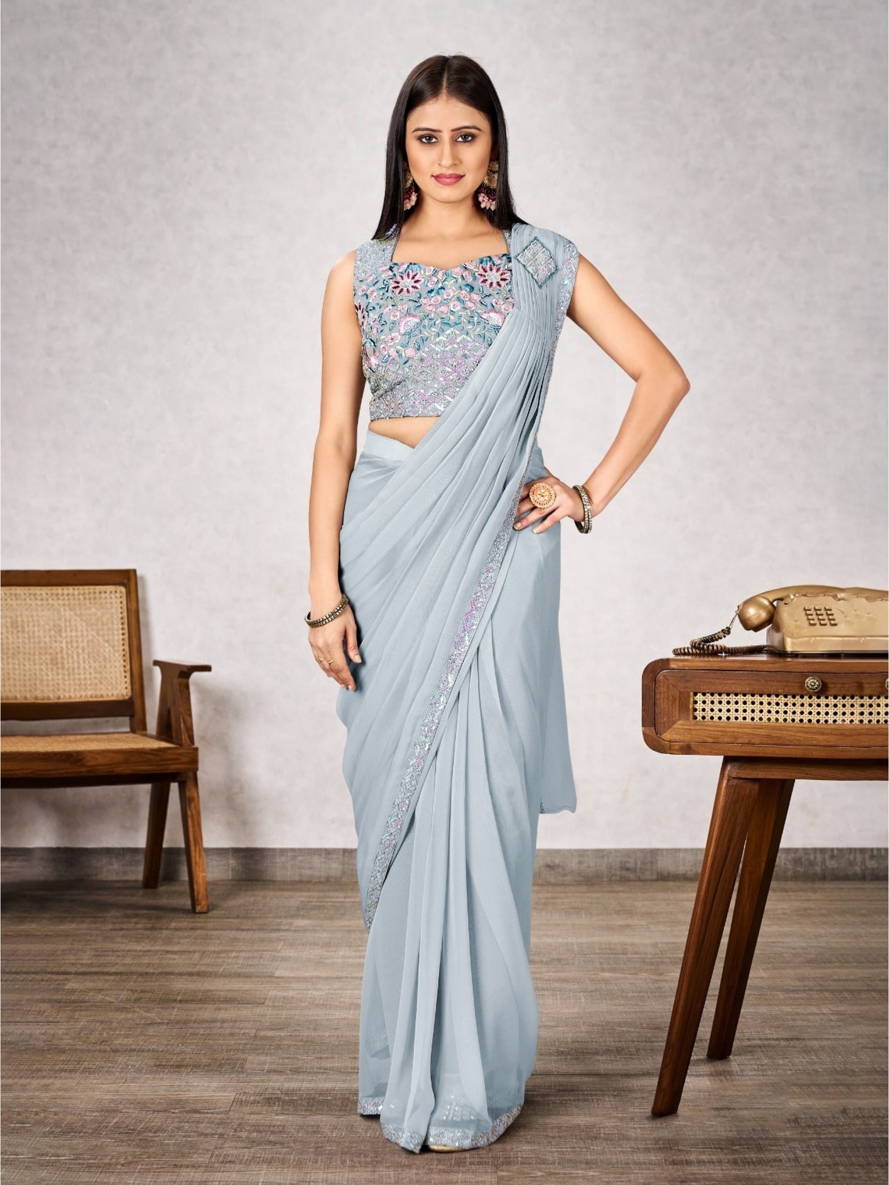 Shimmer Georgette Silk Ready to wear Saree In Light Grey Color 