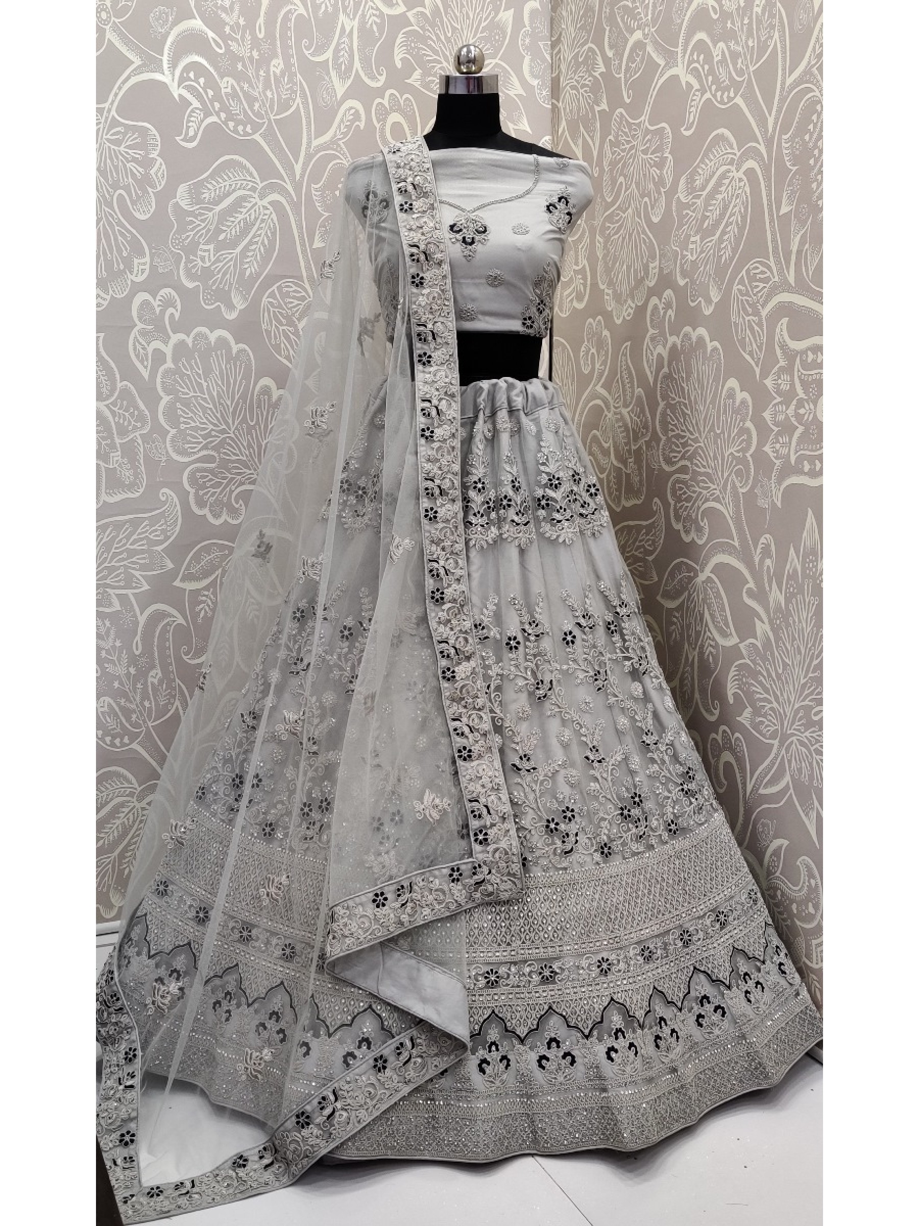 Soft Premium Net  Wedding Wear Lehenga In  Grey With Embroidery Work