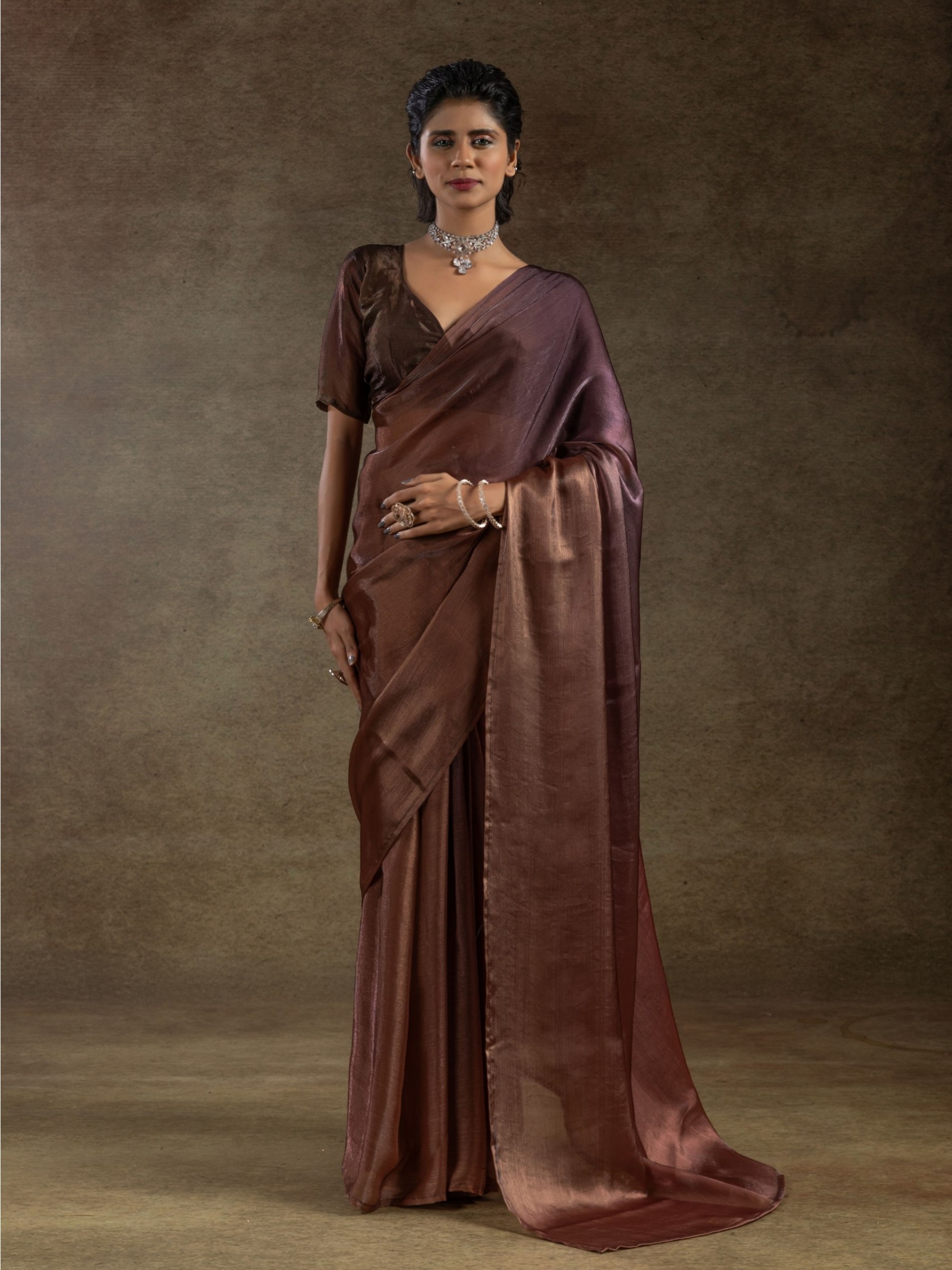 Pure Satin Silk Ready to wear Saree In Brown Color 