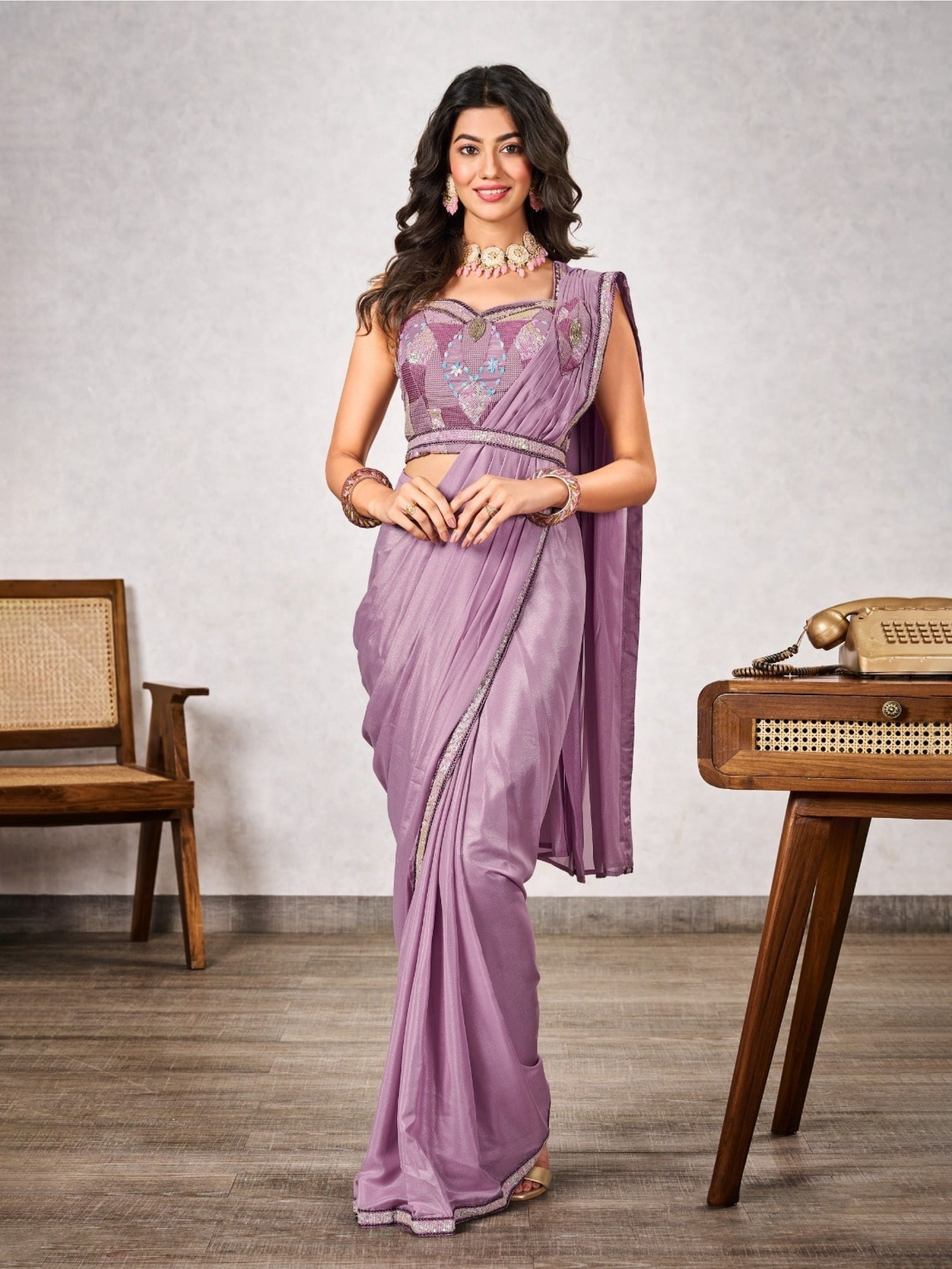 Shimmer Georgette Silk Ready to wear Saree In Mauve Color 