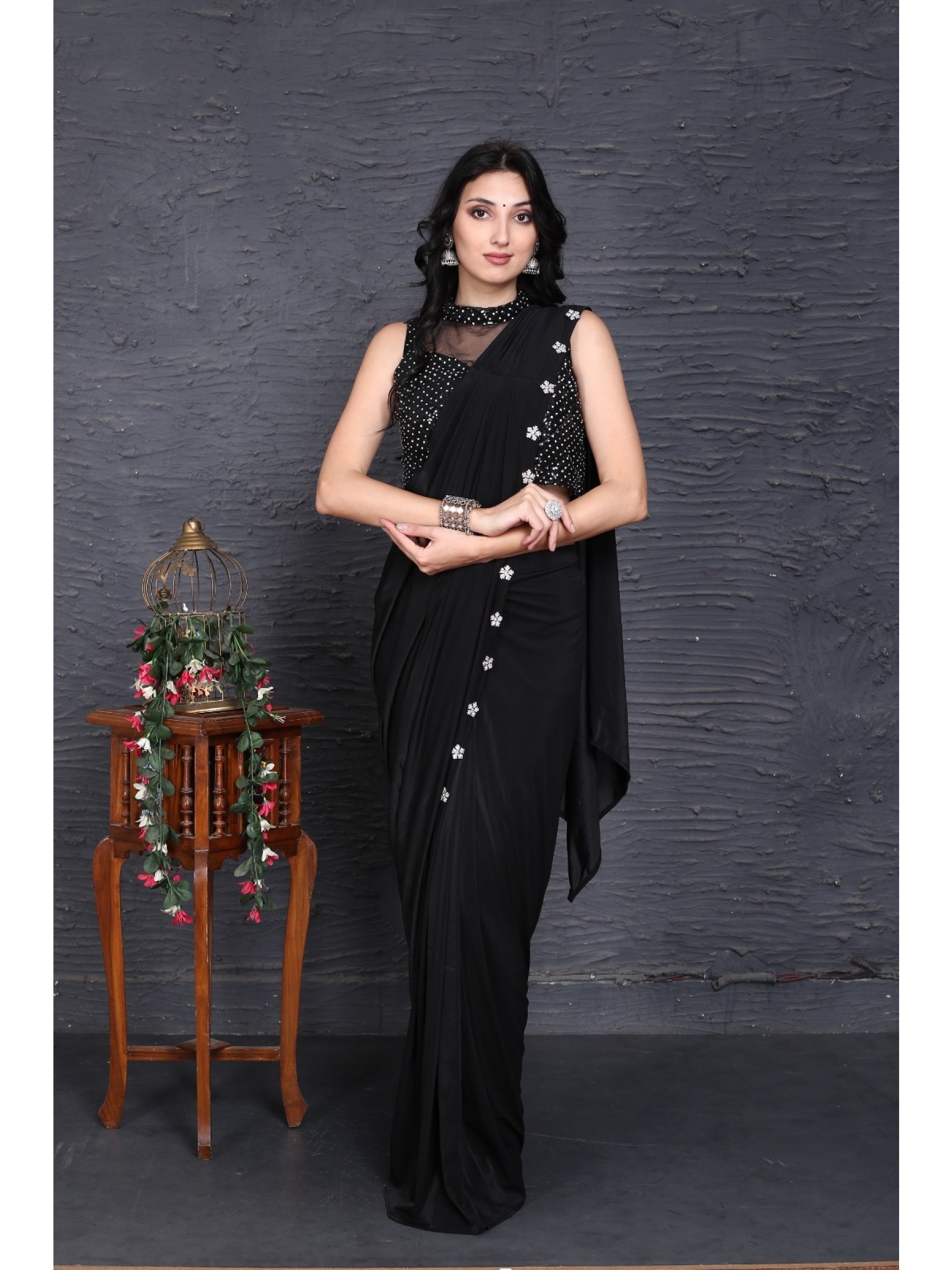 Imported Fabric Party Wear  Saree In Black Color With Embroidery Work