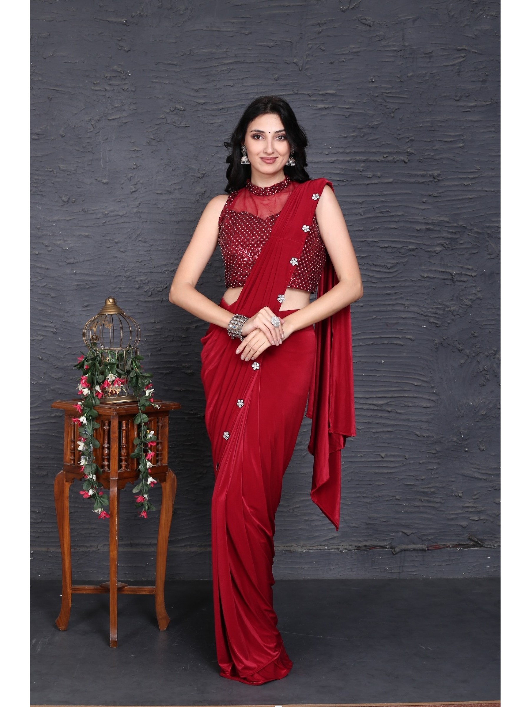 Imported Fabric Party Wear  Saree In Red Color With Embroidery Work
