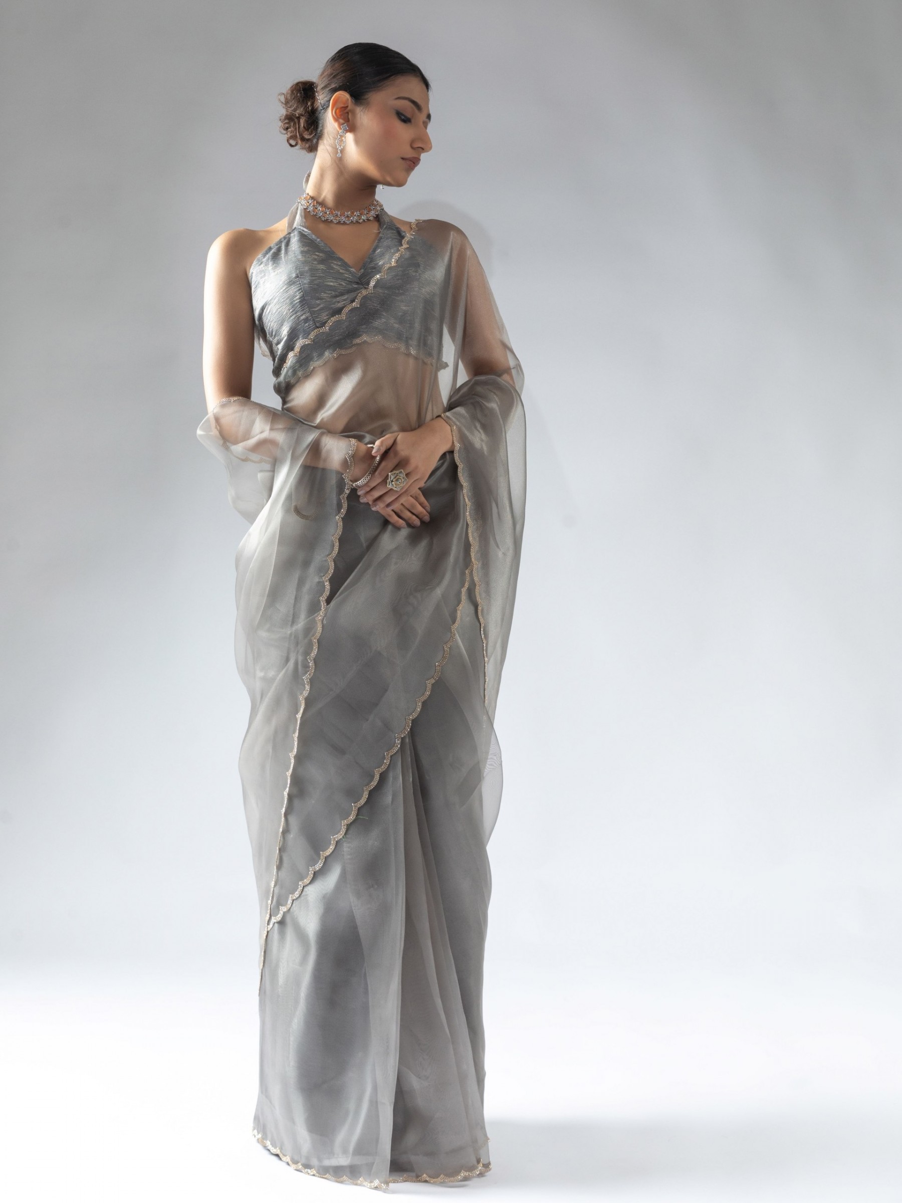 Pure Organa Silk Ready to wear Saree In Grey Color 