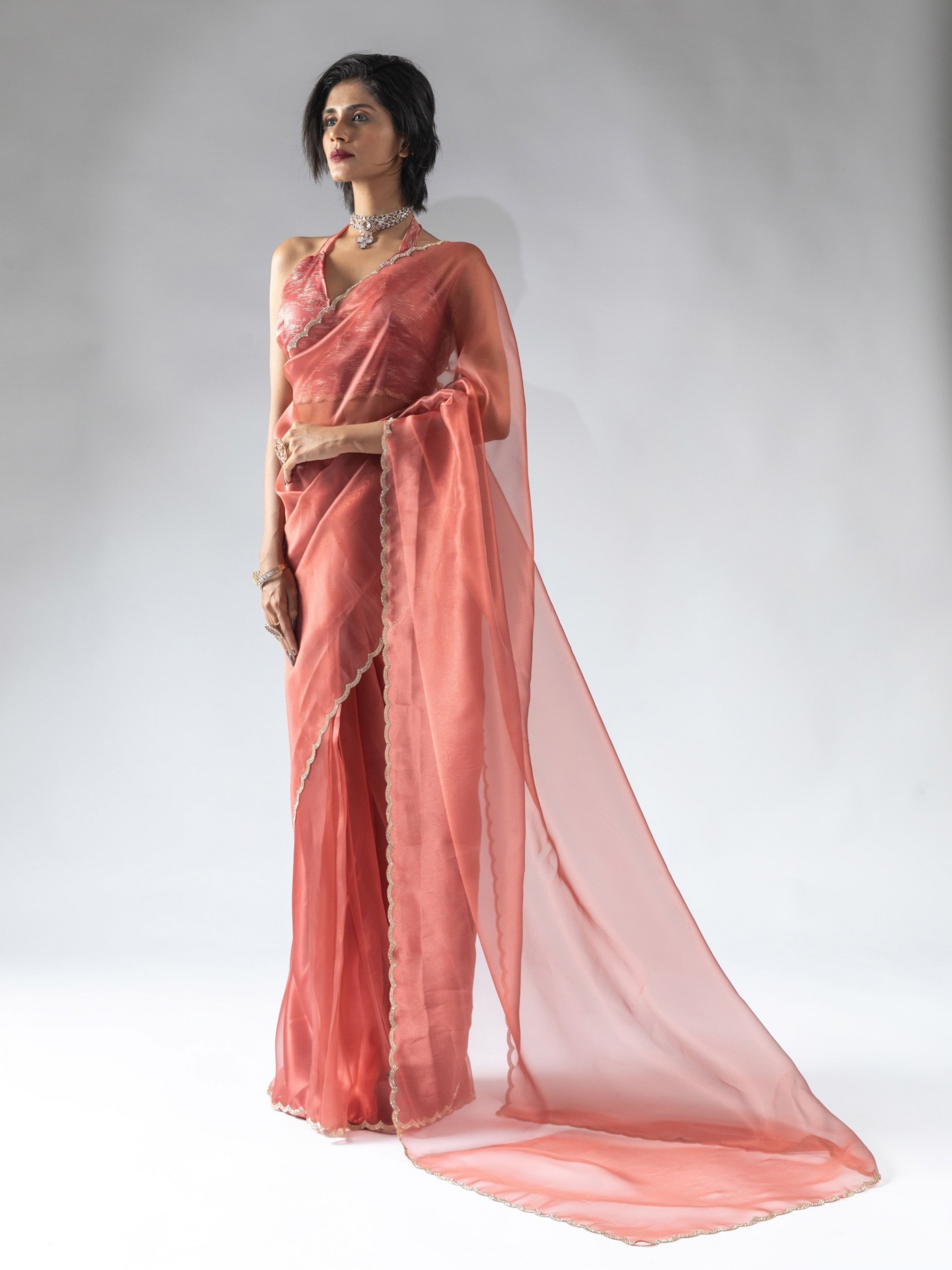 Pure Organza Silk Ready to wear Saree In Orange Color 