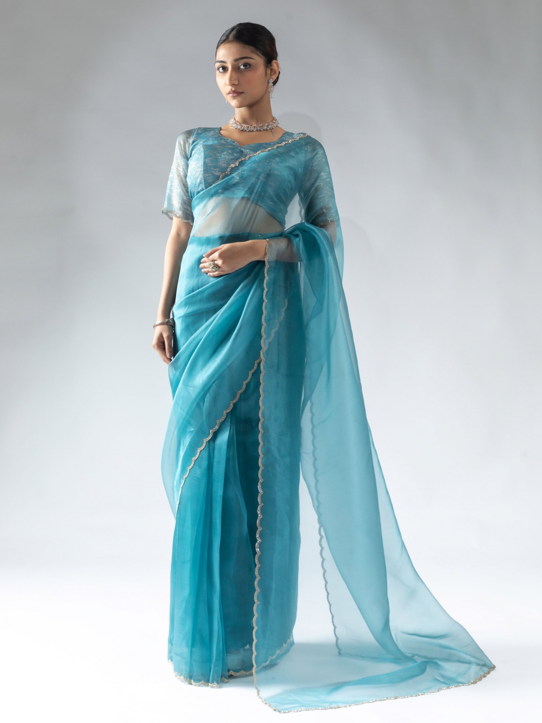 Pure Organza Silk Ready to wear Saree In Sky Blue Color 