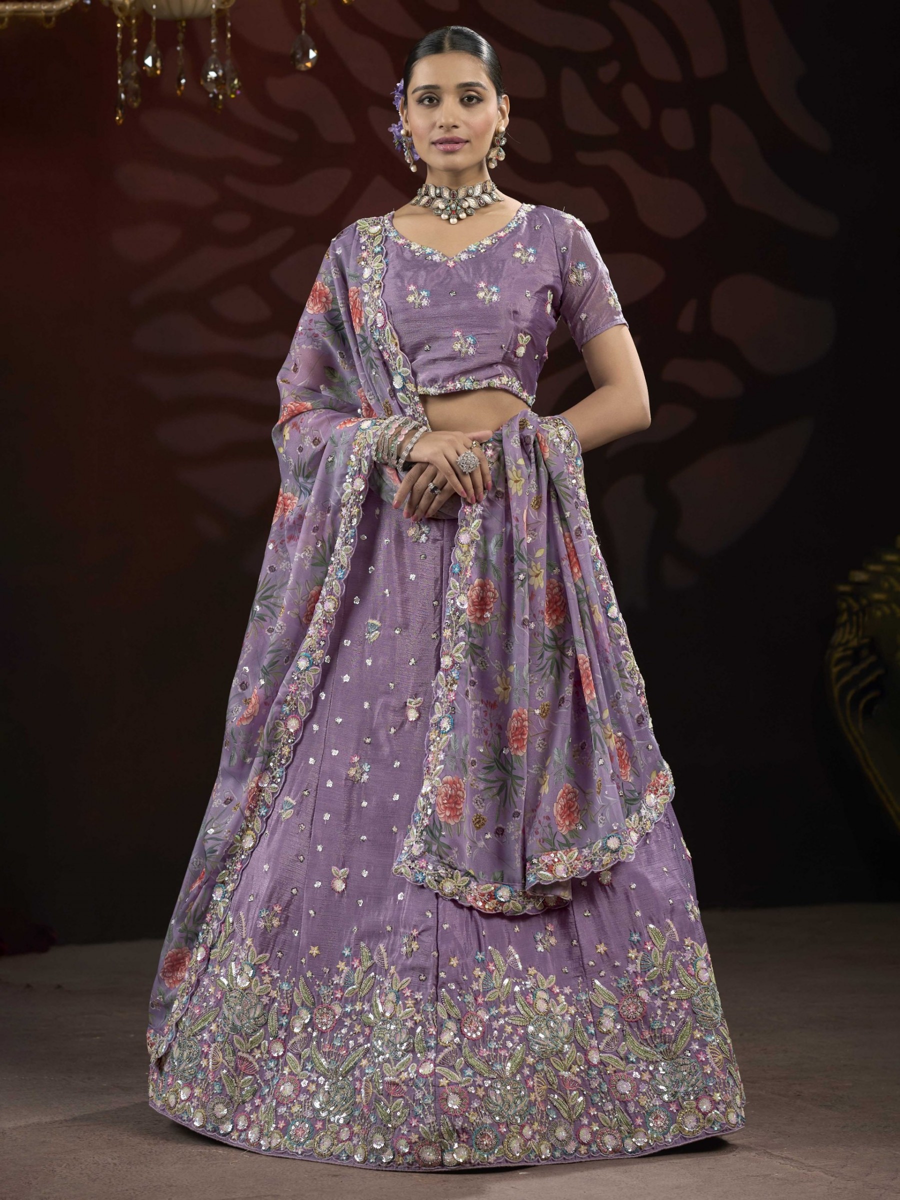 Bridal Net Fabric Party Wear Lehenga In Purple Color With Embroidery Work