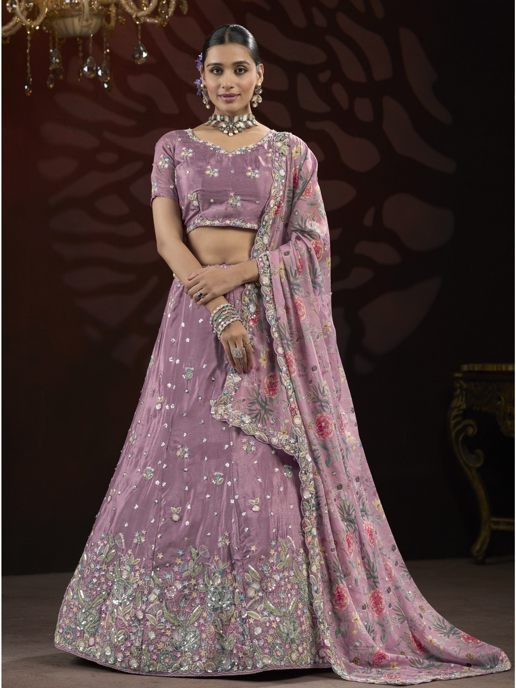 Bridal Net Fabric Party Wear Lehenga In Light Purple Color With Embroidery Work