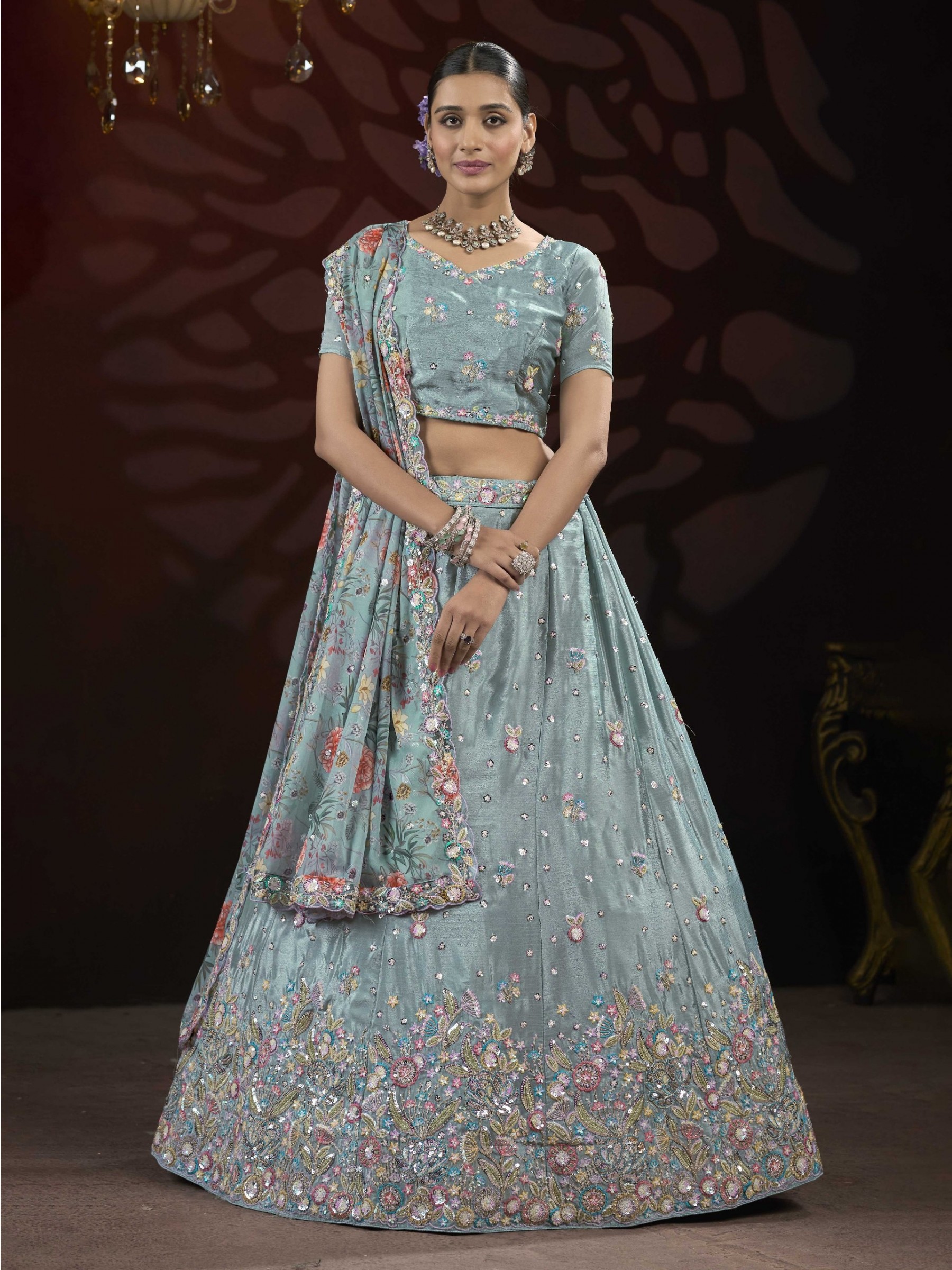 Bridal Net Fabric Party Wear Lehenga In Sea Blue Color With Embroidery Work