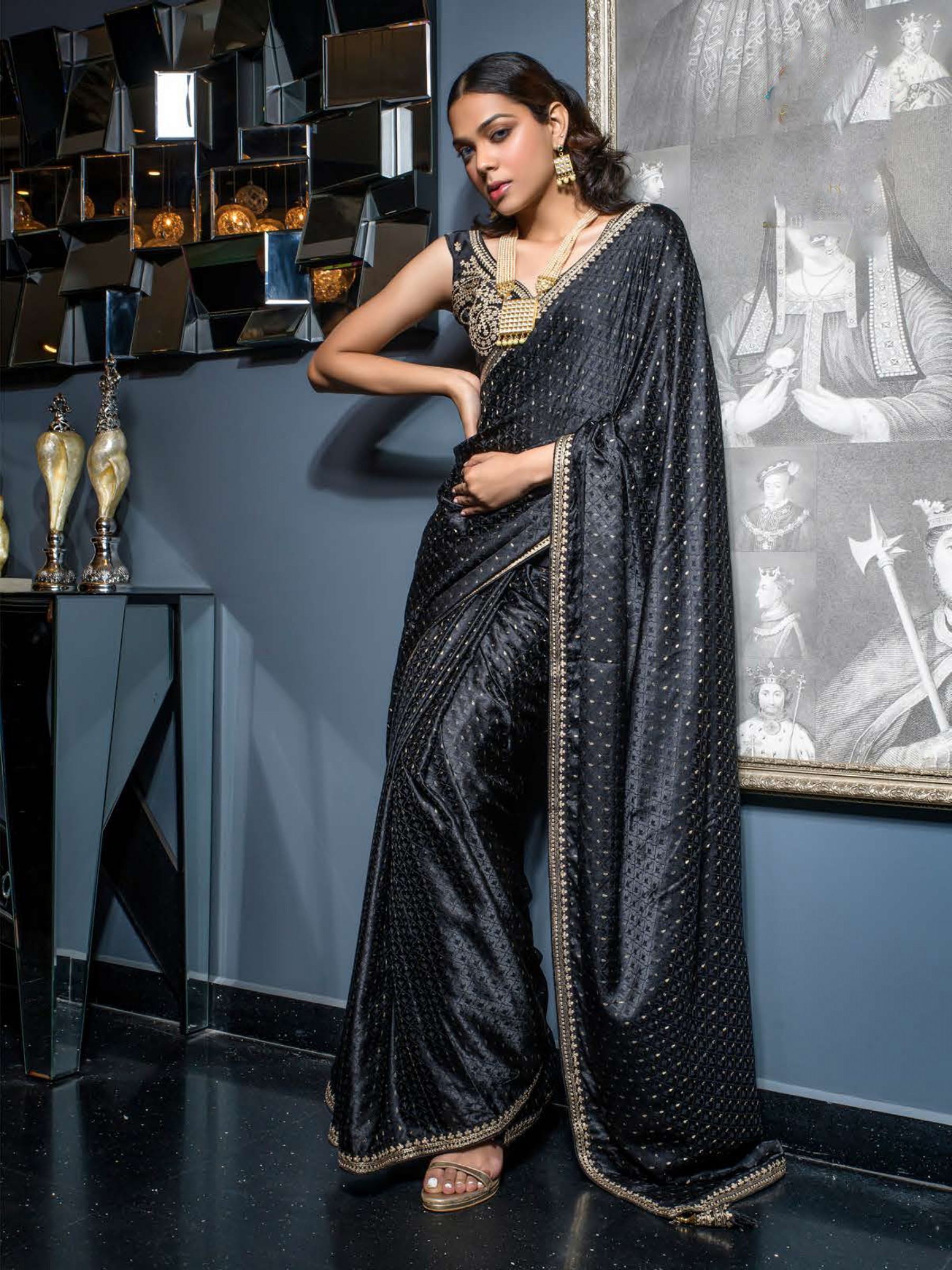 Pure Silk Party Wear Saree In Black Color With Embroidery Work