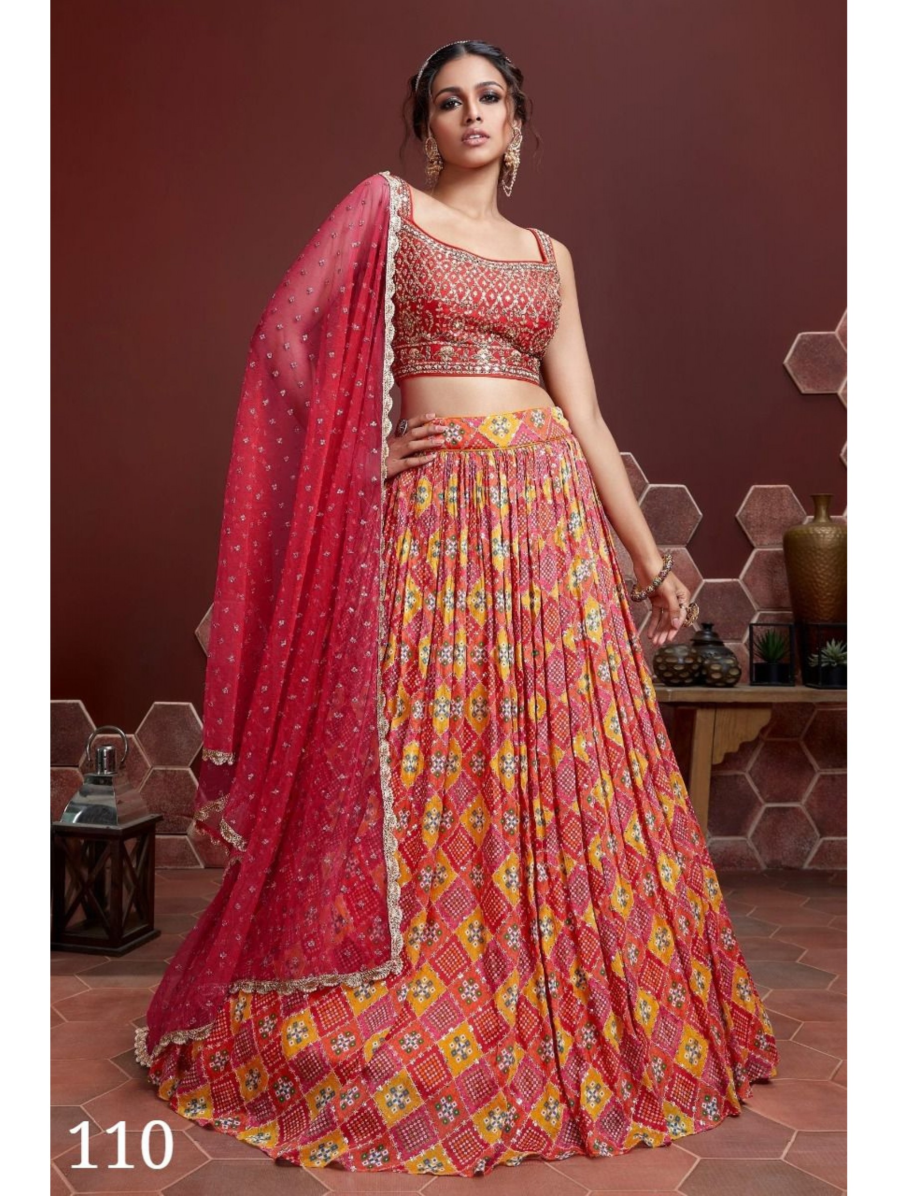 Chinnon Silk Party Wear Lehenga In Red Color With Embroidery Work