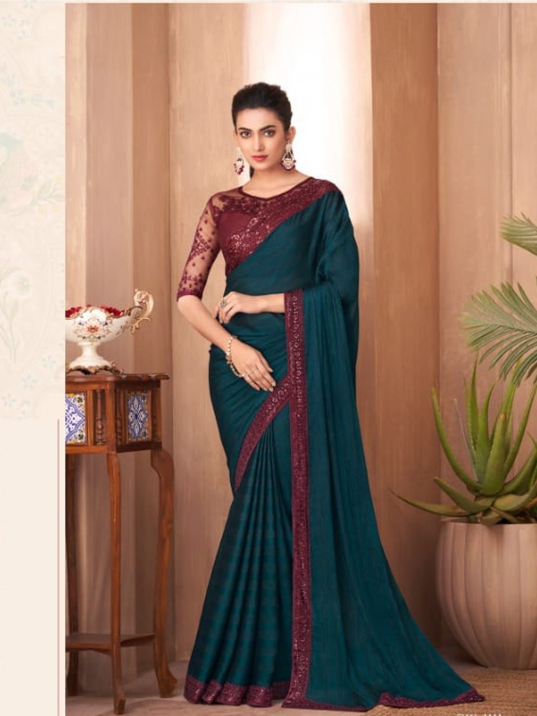 Fancy Silk Party wear Saree Teal Blue Color With Embroidery Work