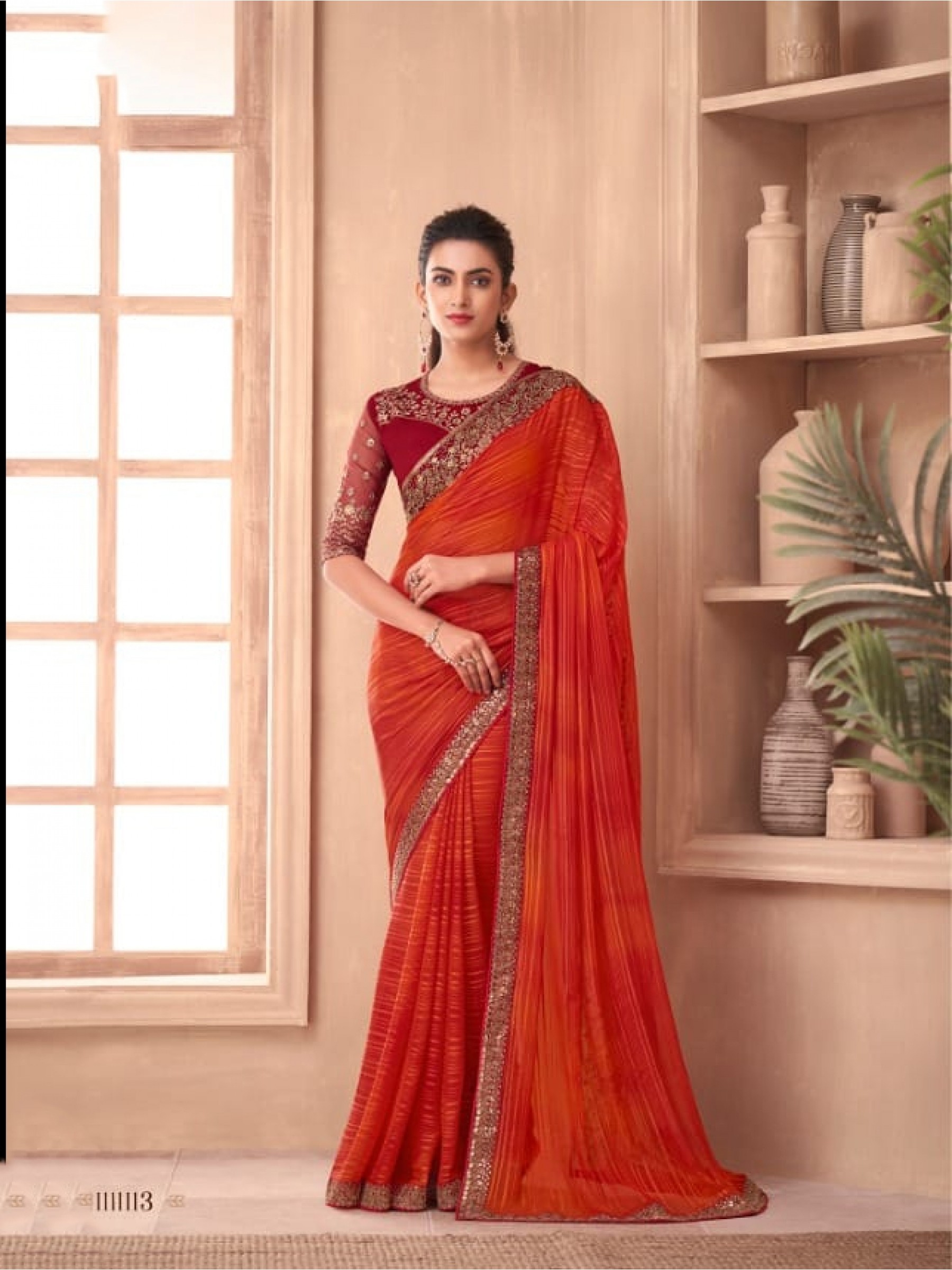 Fancy Silk Party wear Saree Orange Color With Embroidery Work