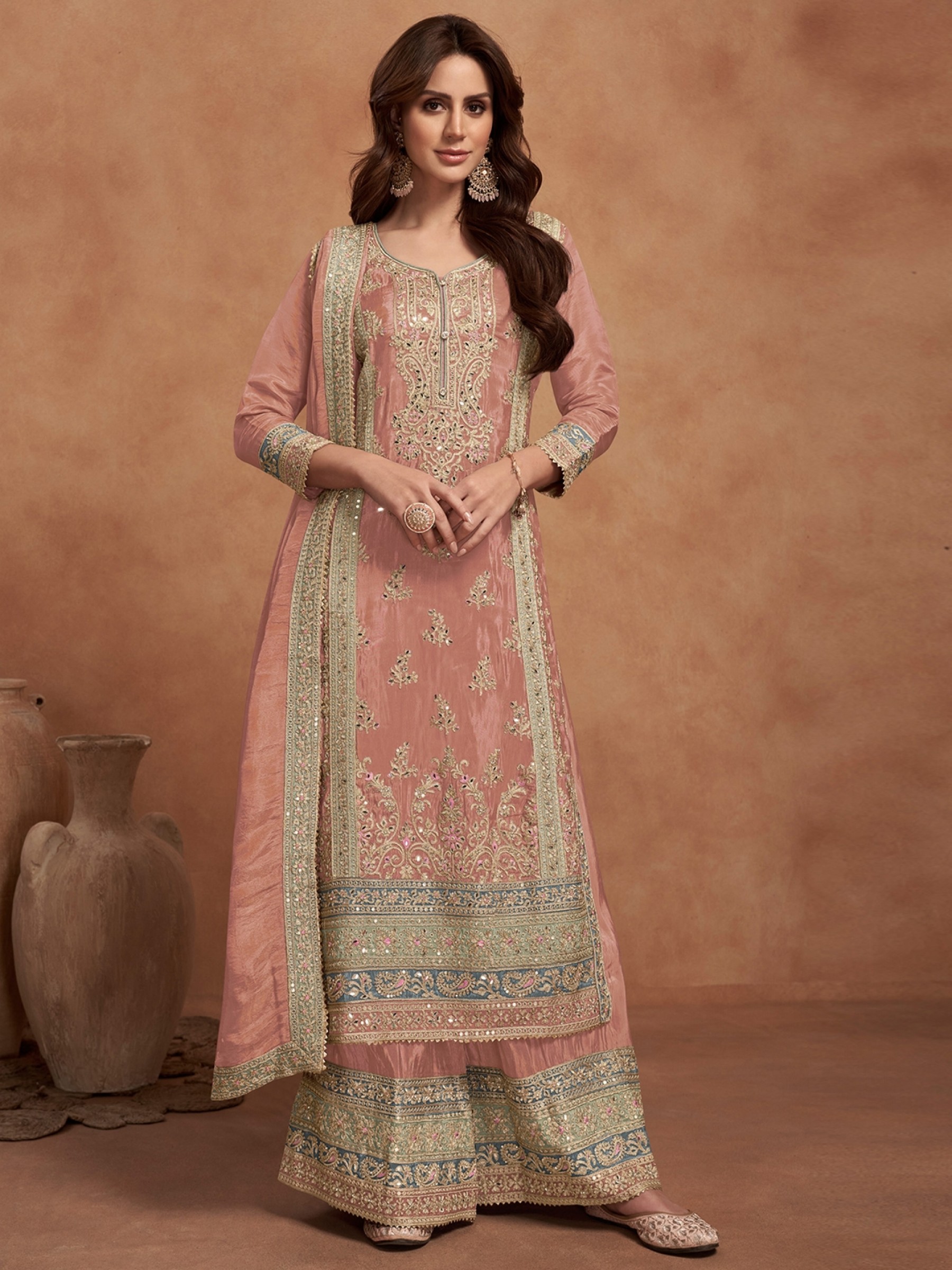 Pure Silk Party Wear Sharara in Peach Color with Embroidery Work
