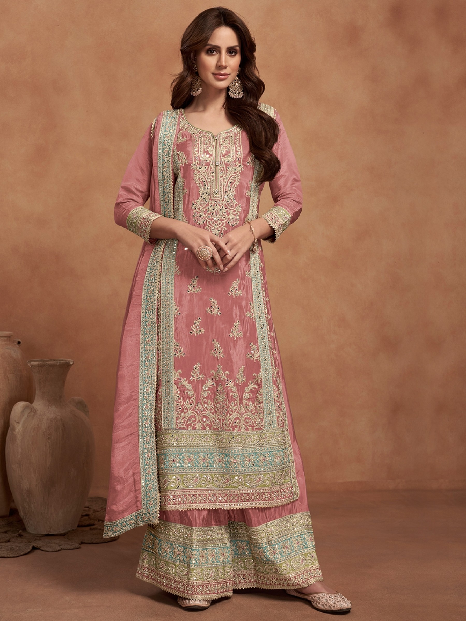 Pure Silk Party Wear Sharara in Dark Peach Color with Embroidery Work