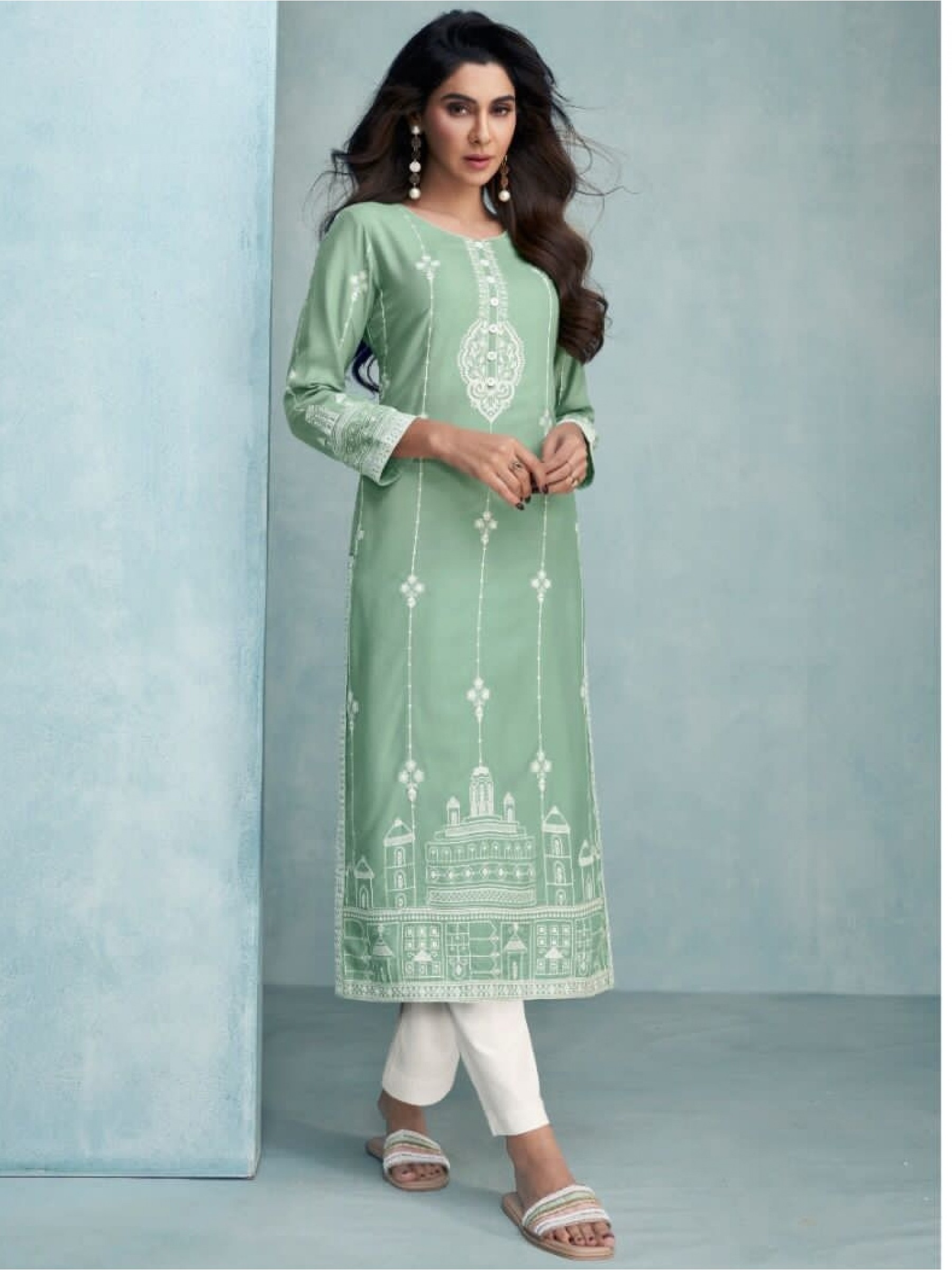 Reyon Viscose in Sea Green Color with  Embroidery Work