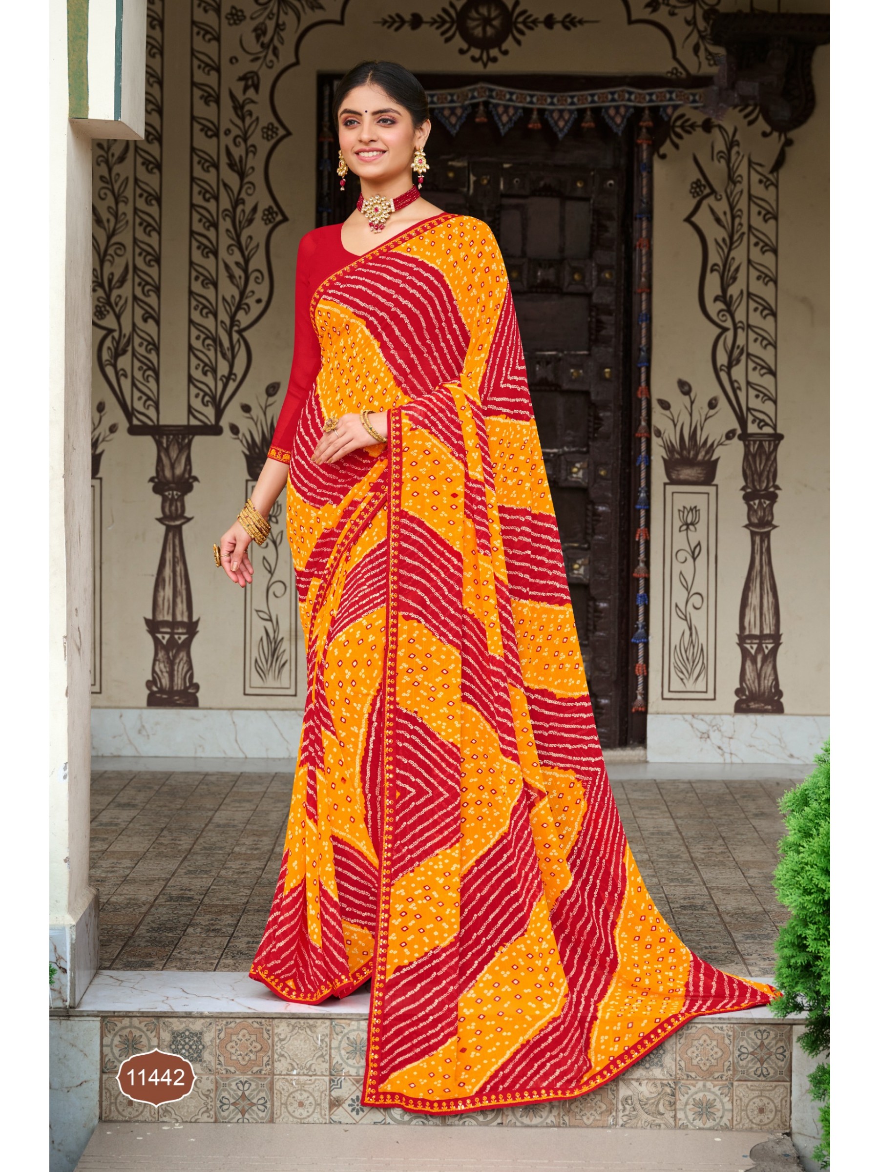 Yellow & Red Color in Georgette Casual Wear Saree 