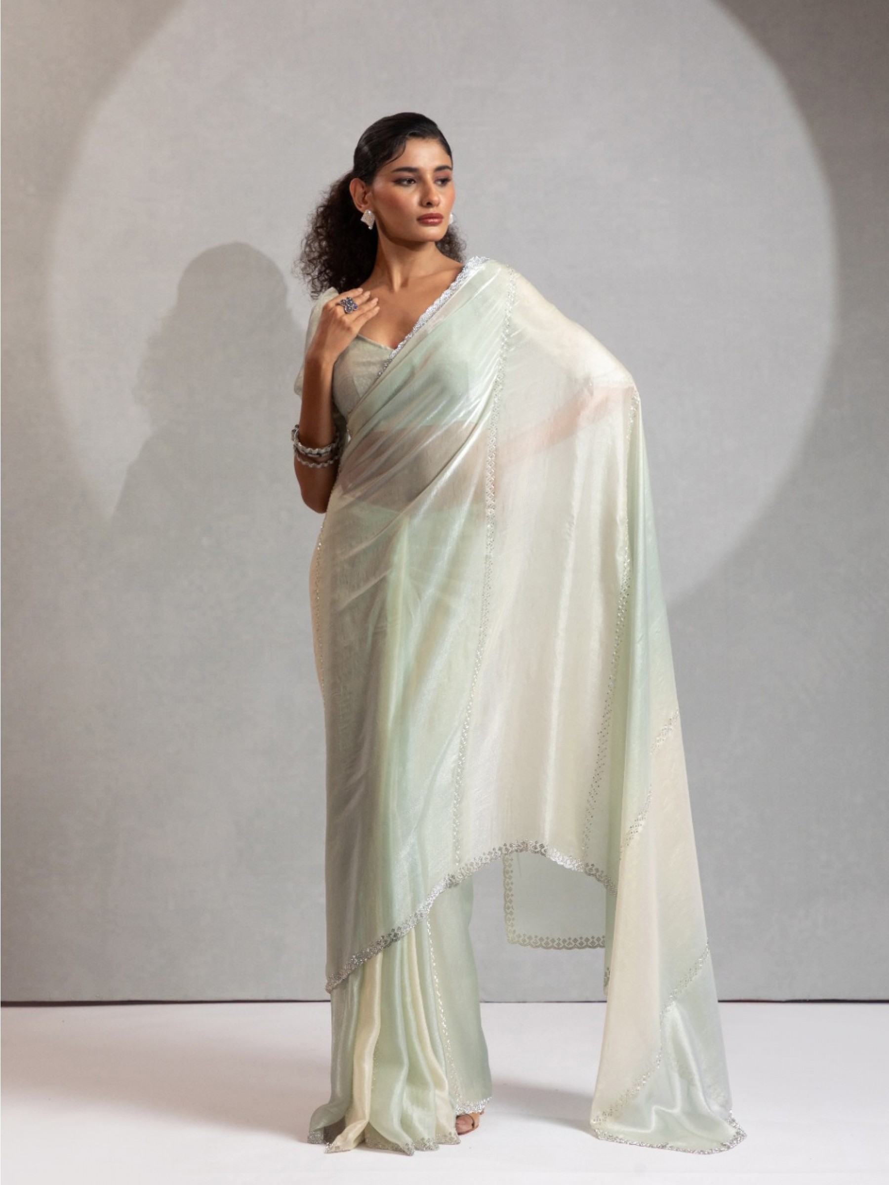 Satin Silk Party wear Saree In Cream Color with Swaroskvi Work 