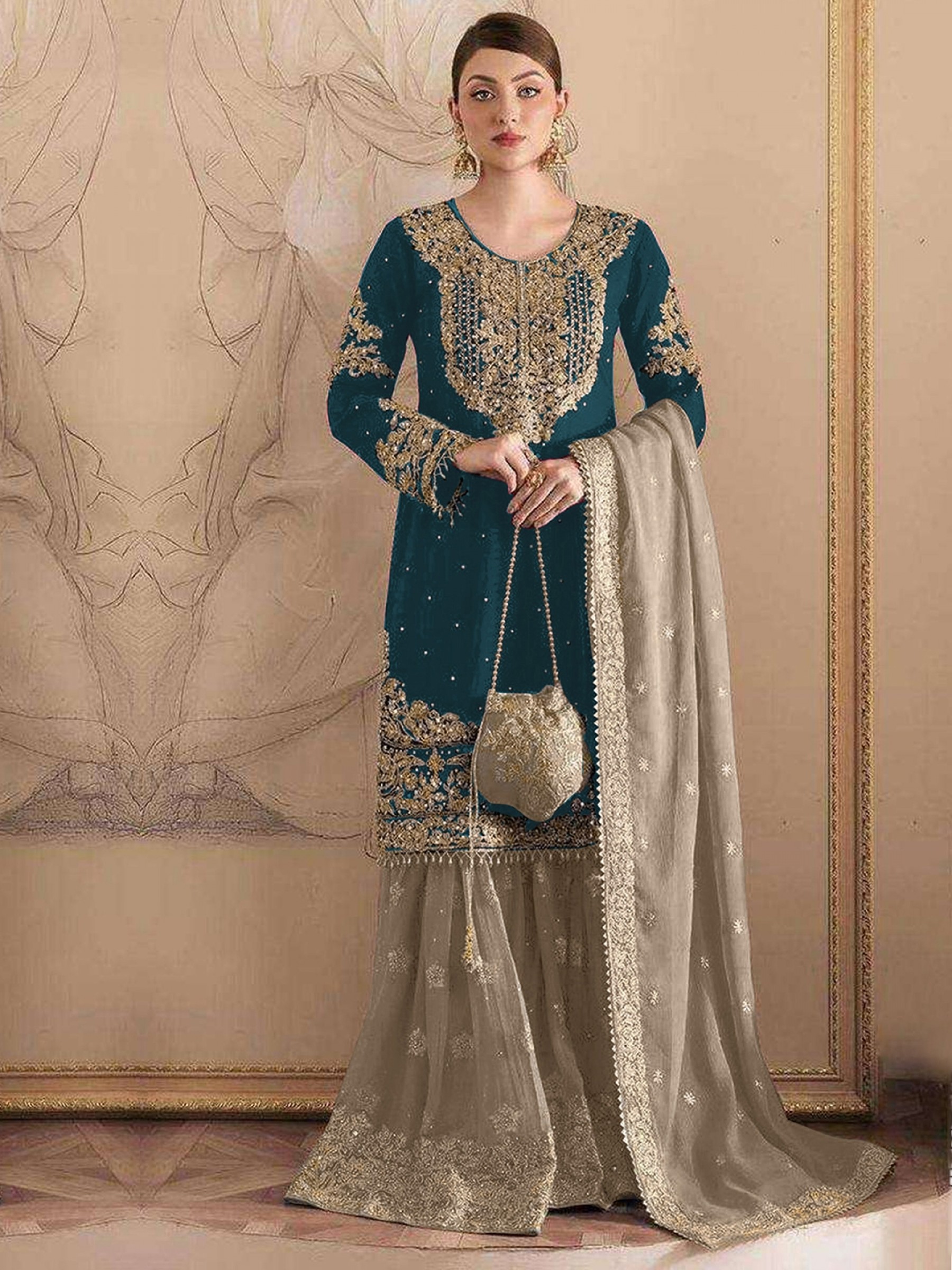 Fox Georgette Silk Party Wear Sharara In Rama Green With Embroidery Work 