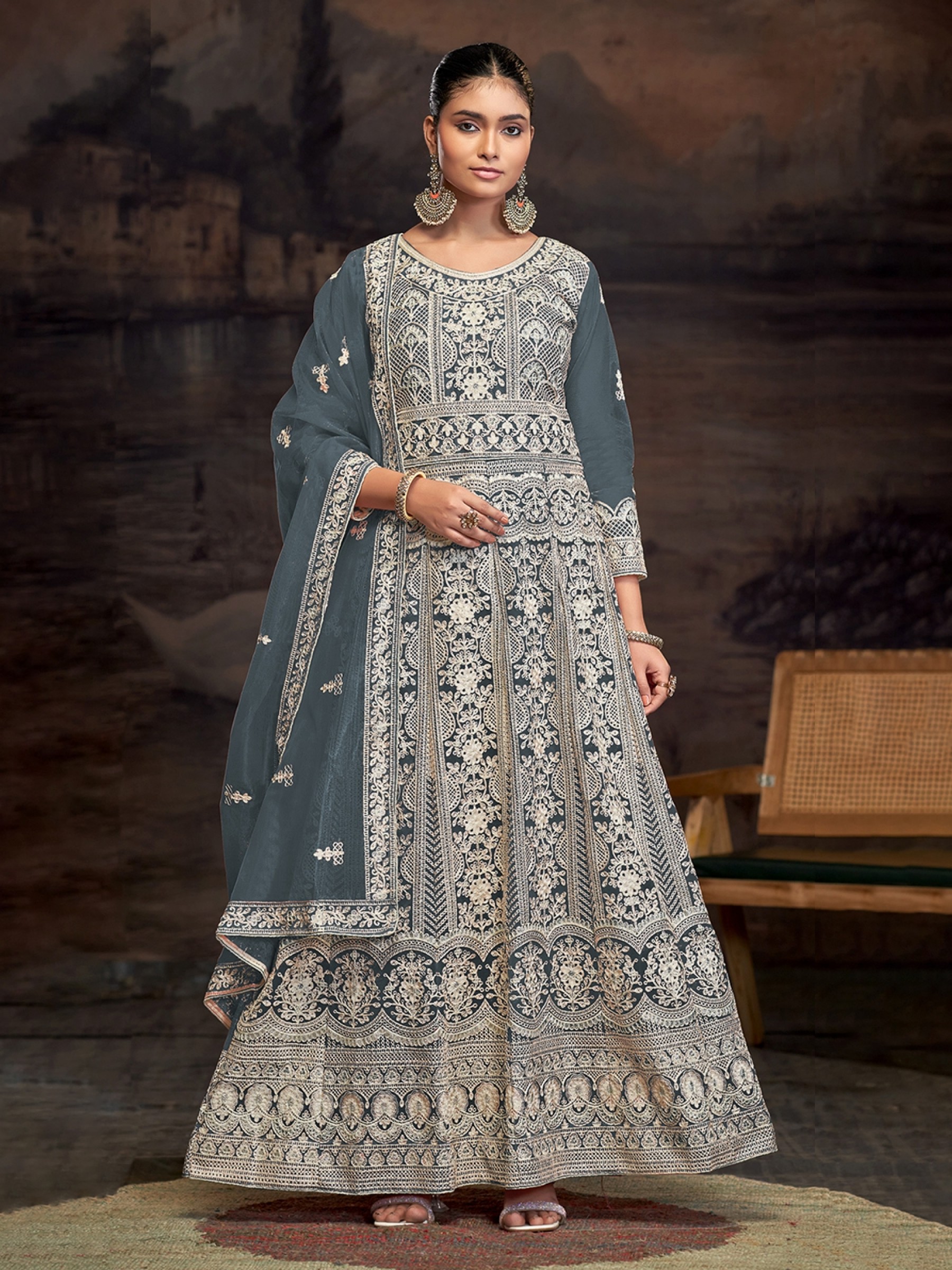 Soft Premium Net Party Wear Gown In Grey Color with Embroidery Work