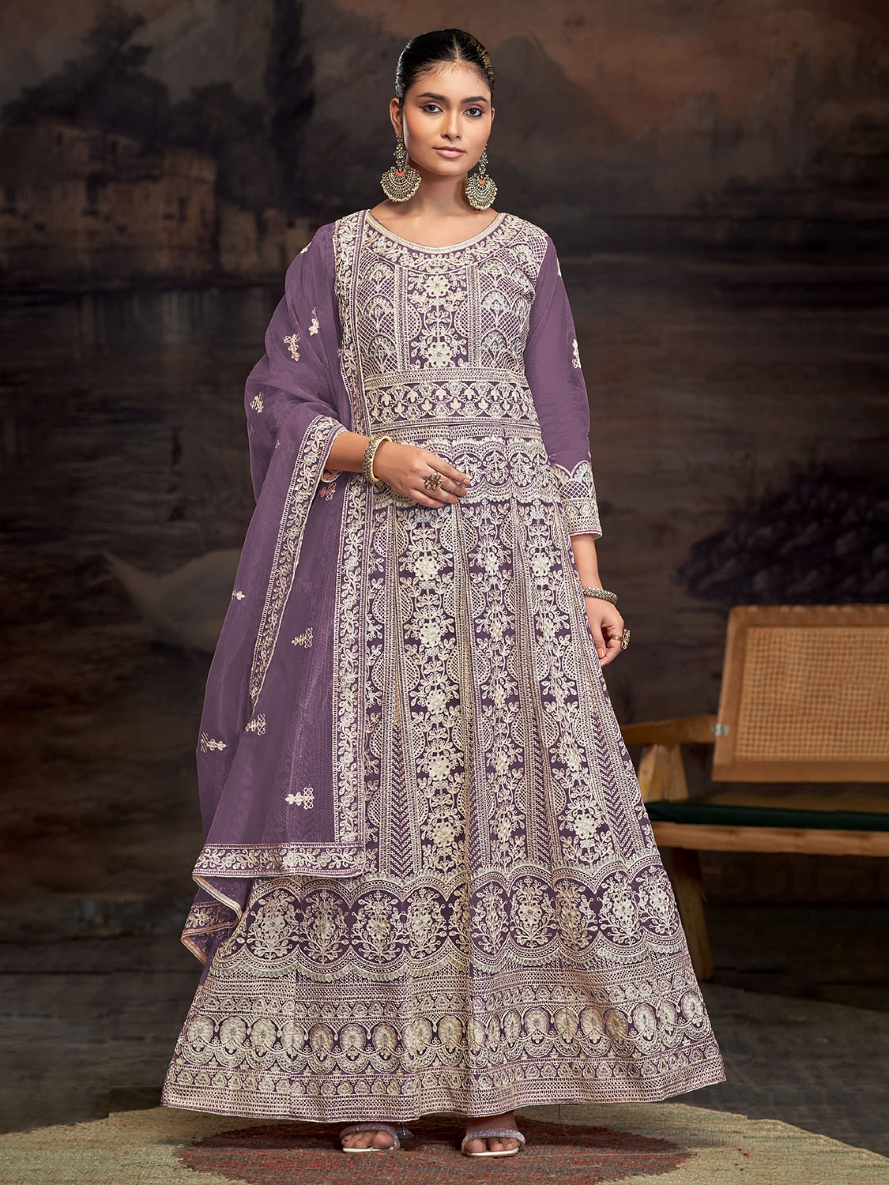 Soft Premium Net Party Wear Gown In Purple Color with Embroidery Work