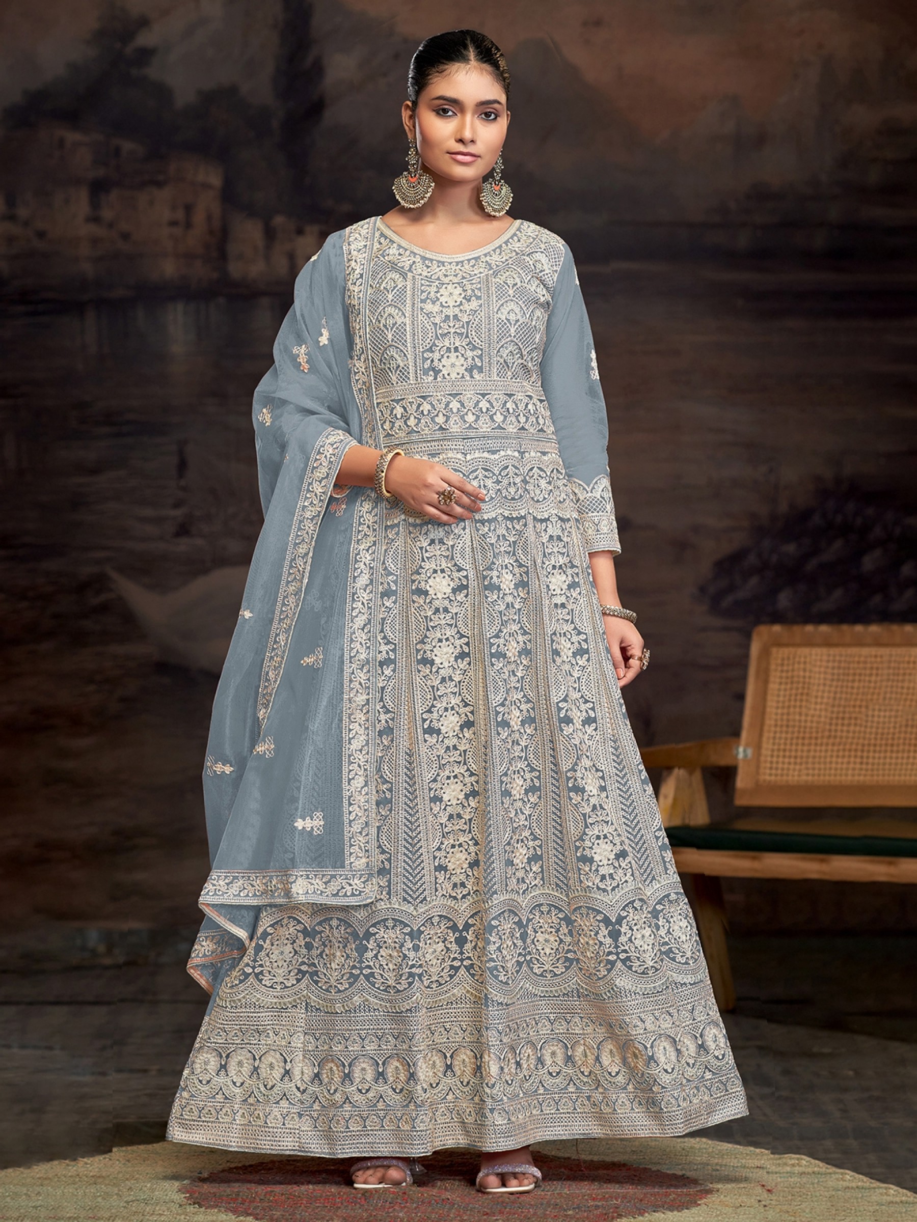 Soft Premium Net Party Wear Gown In Blue Color with Embroidery Work