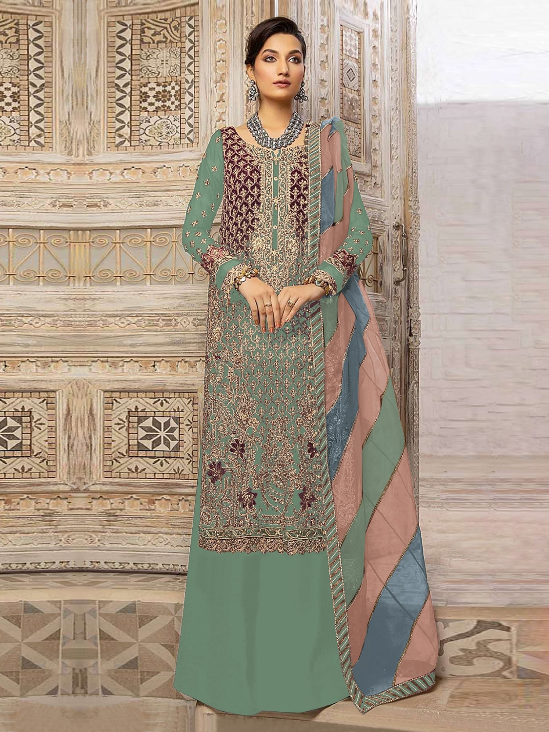 Organza Silk Party Wear Sharara in Pista Green Color With Embroidery Work