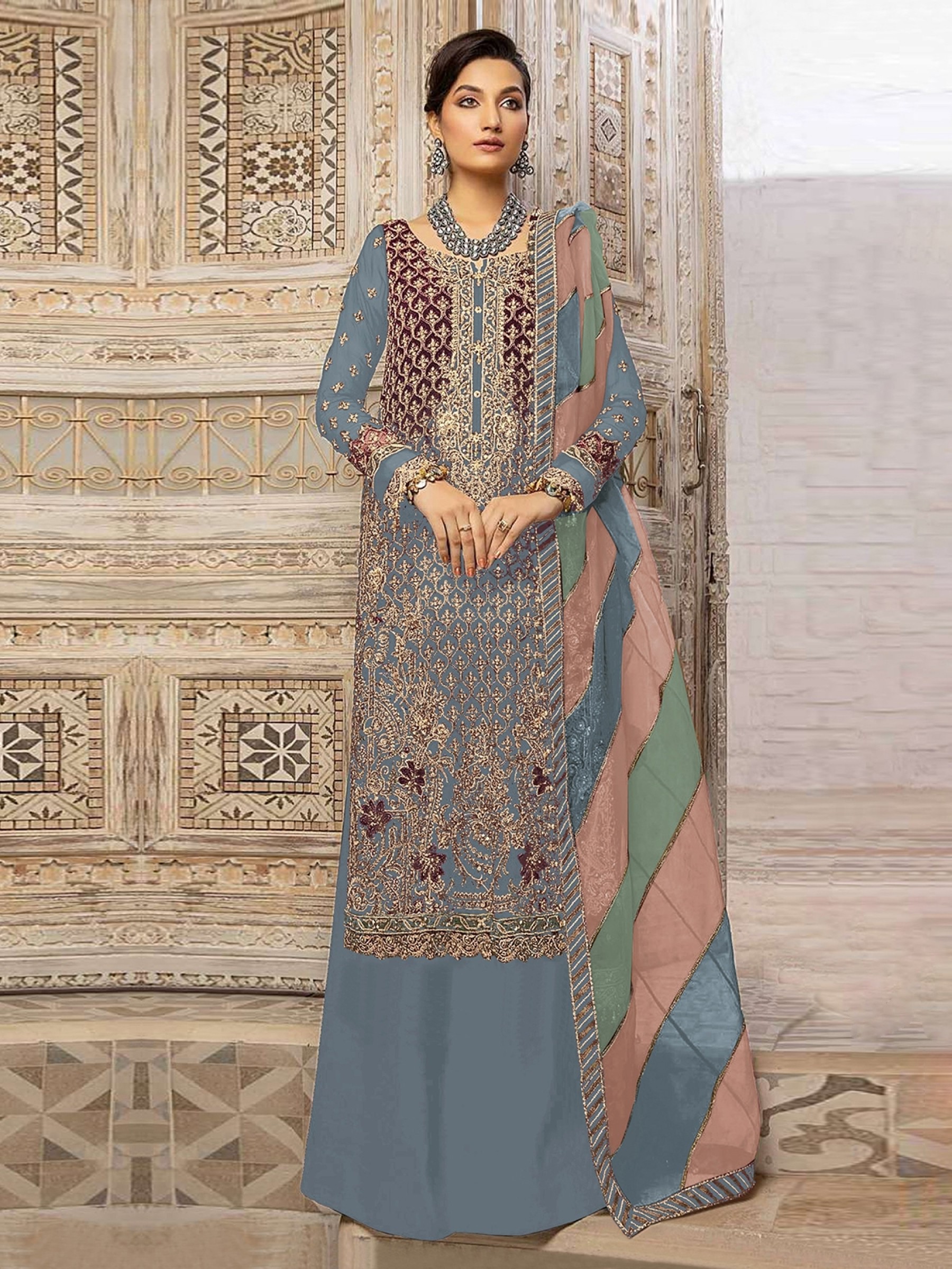 Organza Silk Party Wear Sharara in Grey Color With Embroidery Work