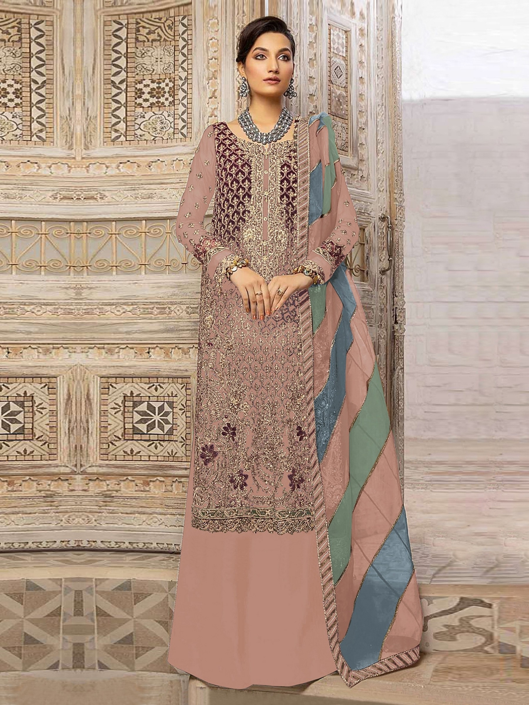 Organza Silk Party Wear Sharara in Peach Color With Embroidery Work