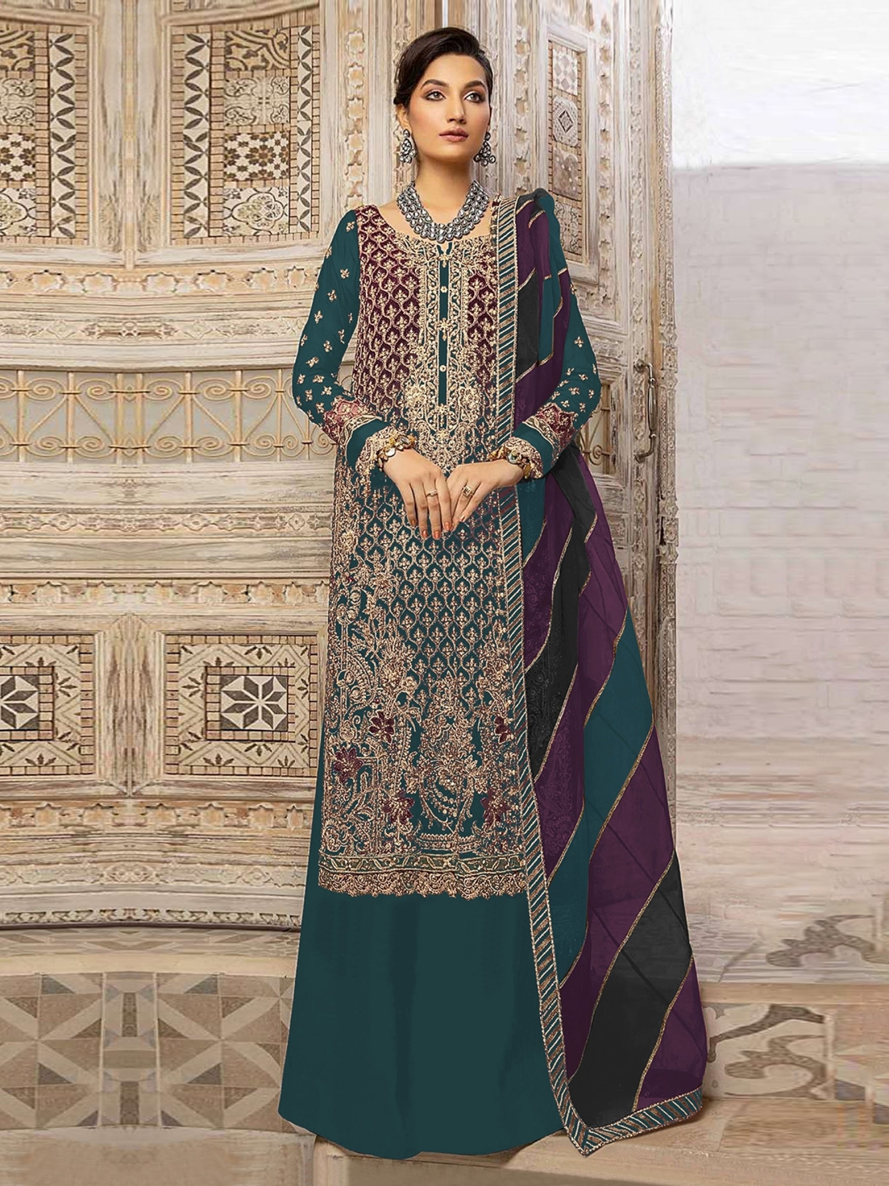 Organza Silk Party Wear Sharara in Teal Color With Embroidery Work
