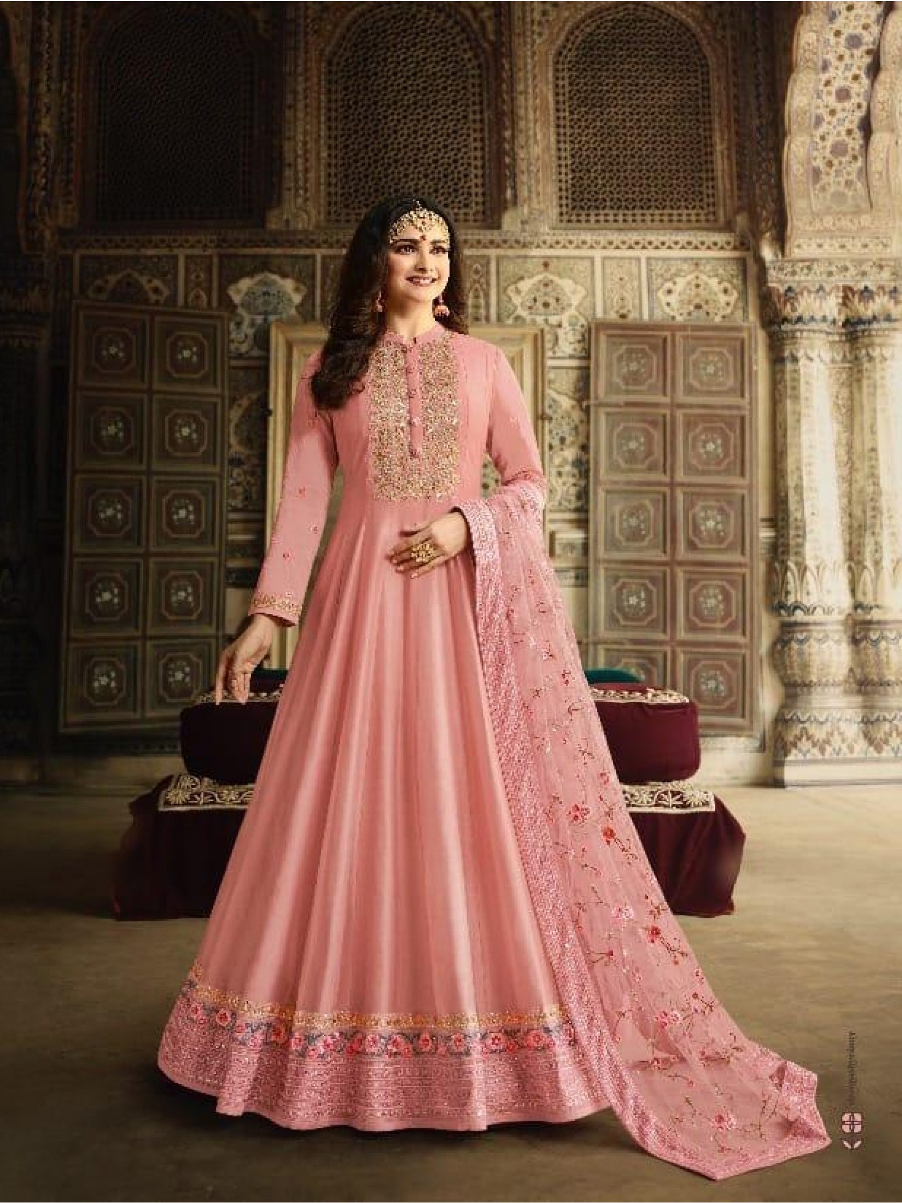 Dola Silk Party Wear Readymade  Gown In Dark Pink  Color With Embroidery work and Stone work