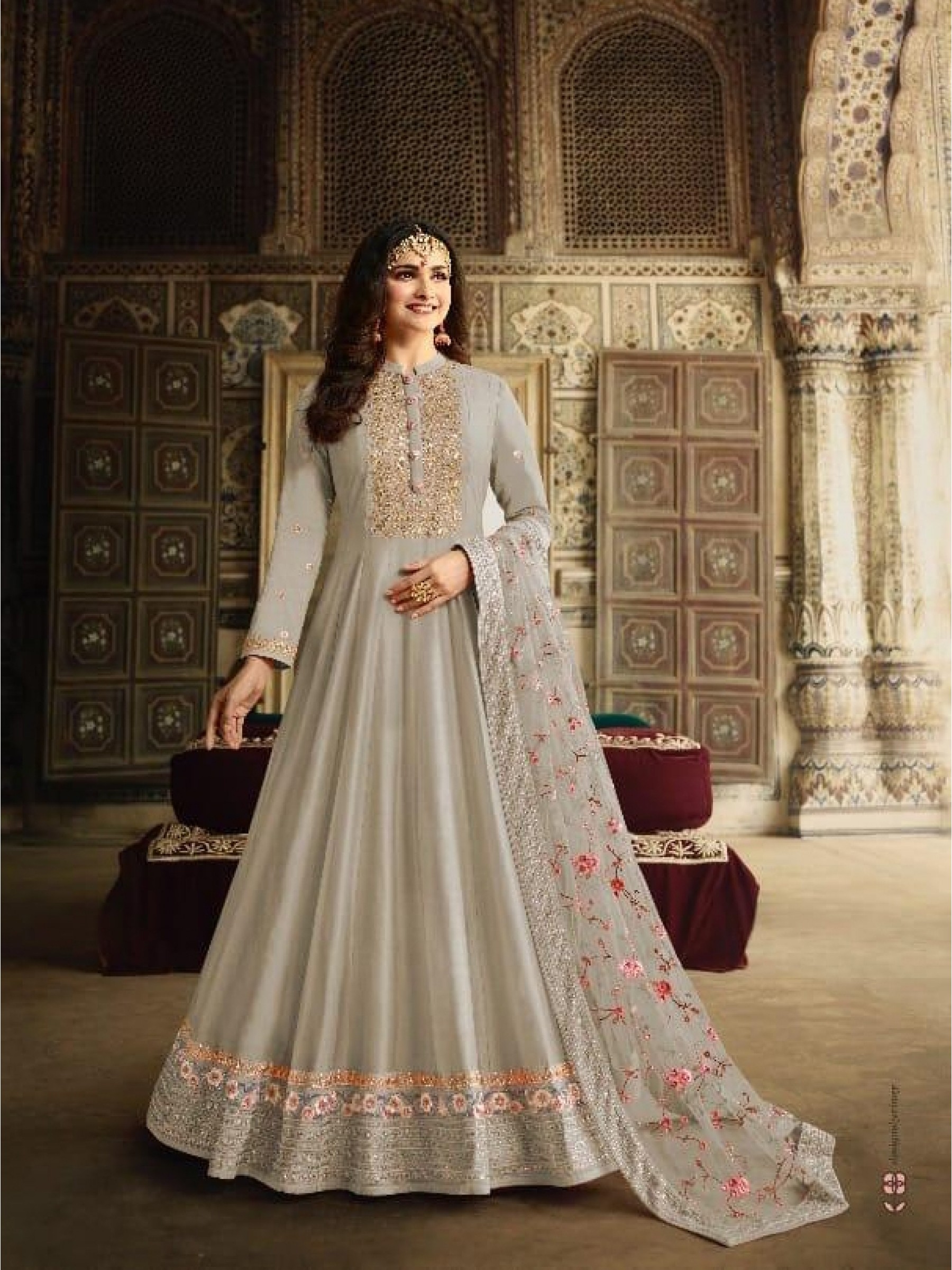 Dola Silk Party Wear Readymade Gown In Grey Color With Embroidery work and Stone work