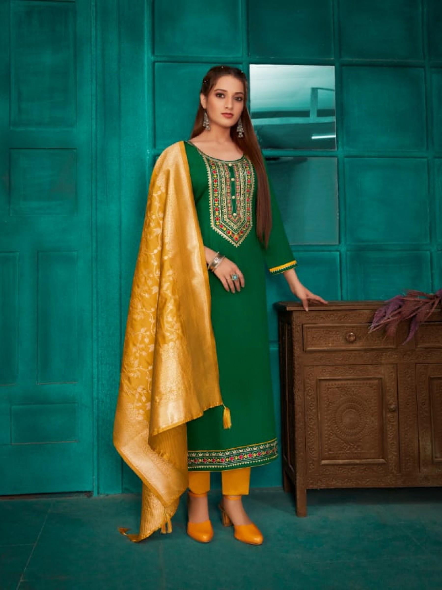 Jam Silk Party Wear Suit Green Color with Embroidery  Work