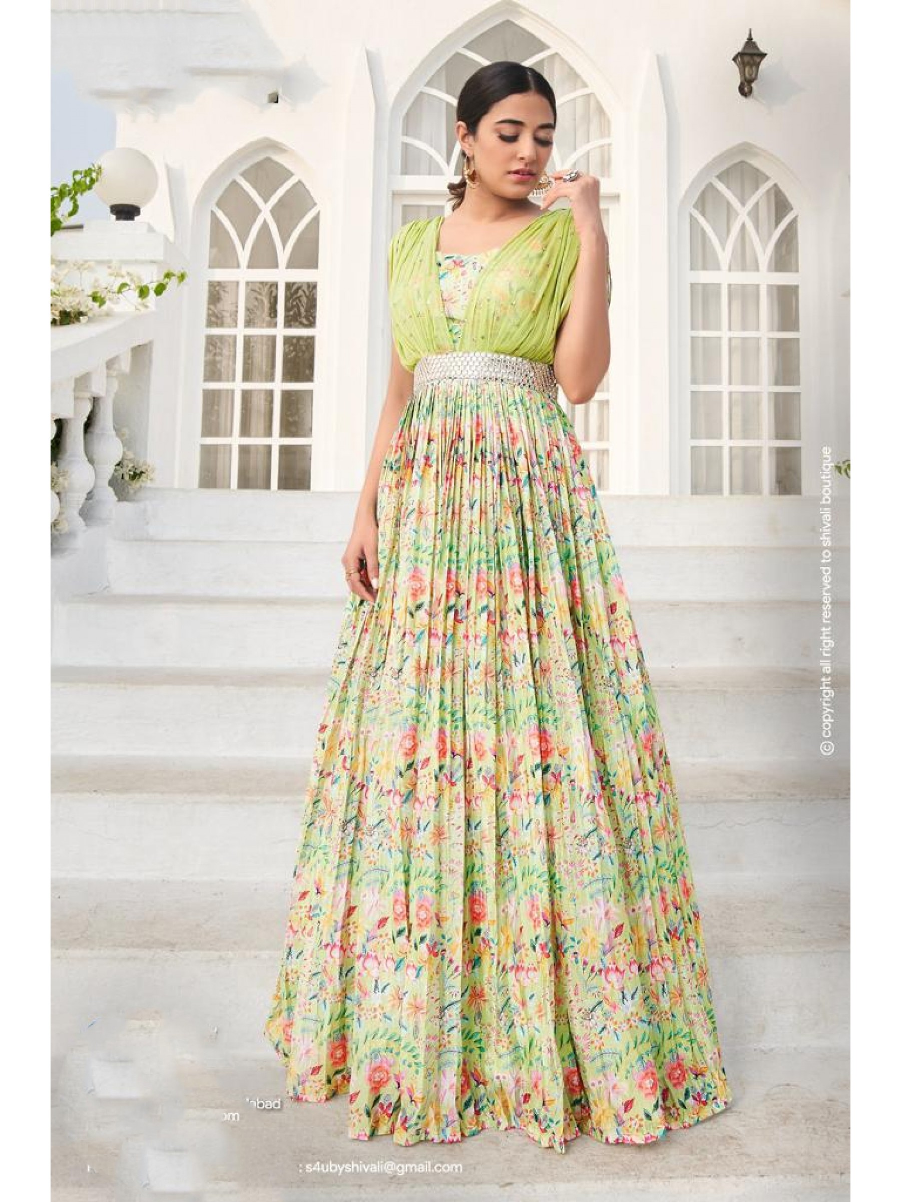 Chinon  Fabrics Party Wear Gown in Green Color With Embroidery Work 