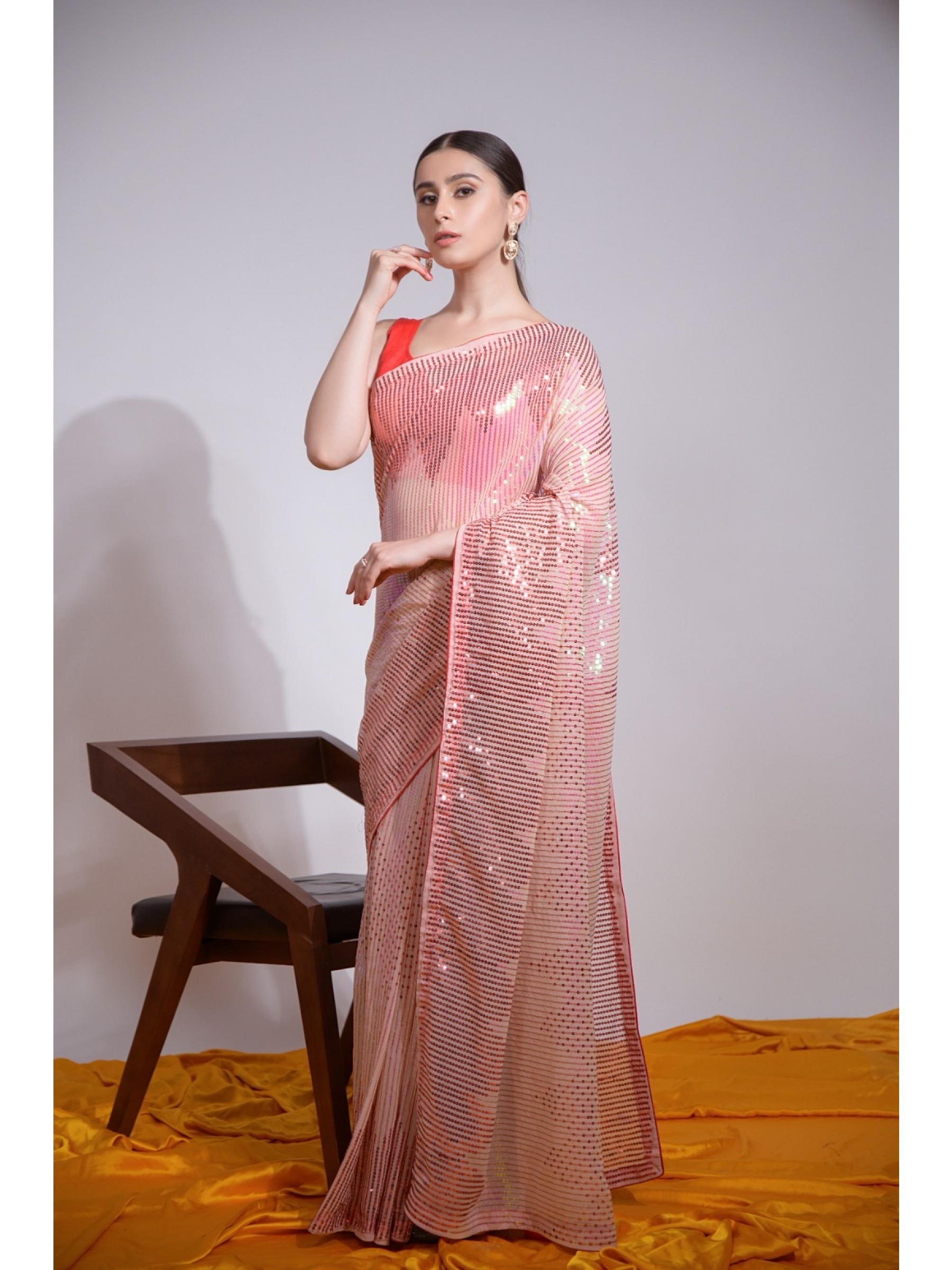 Peach Color in Georgette  Party Wear Saree With Embroidery  