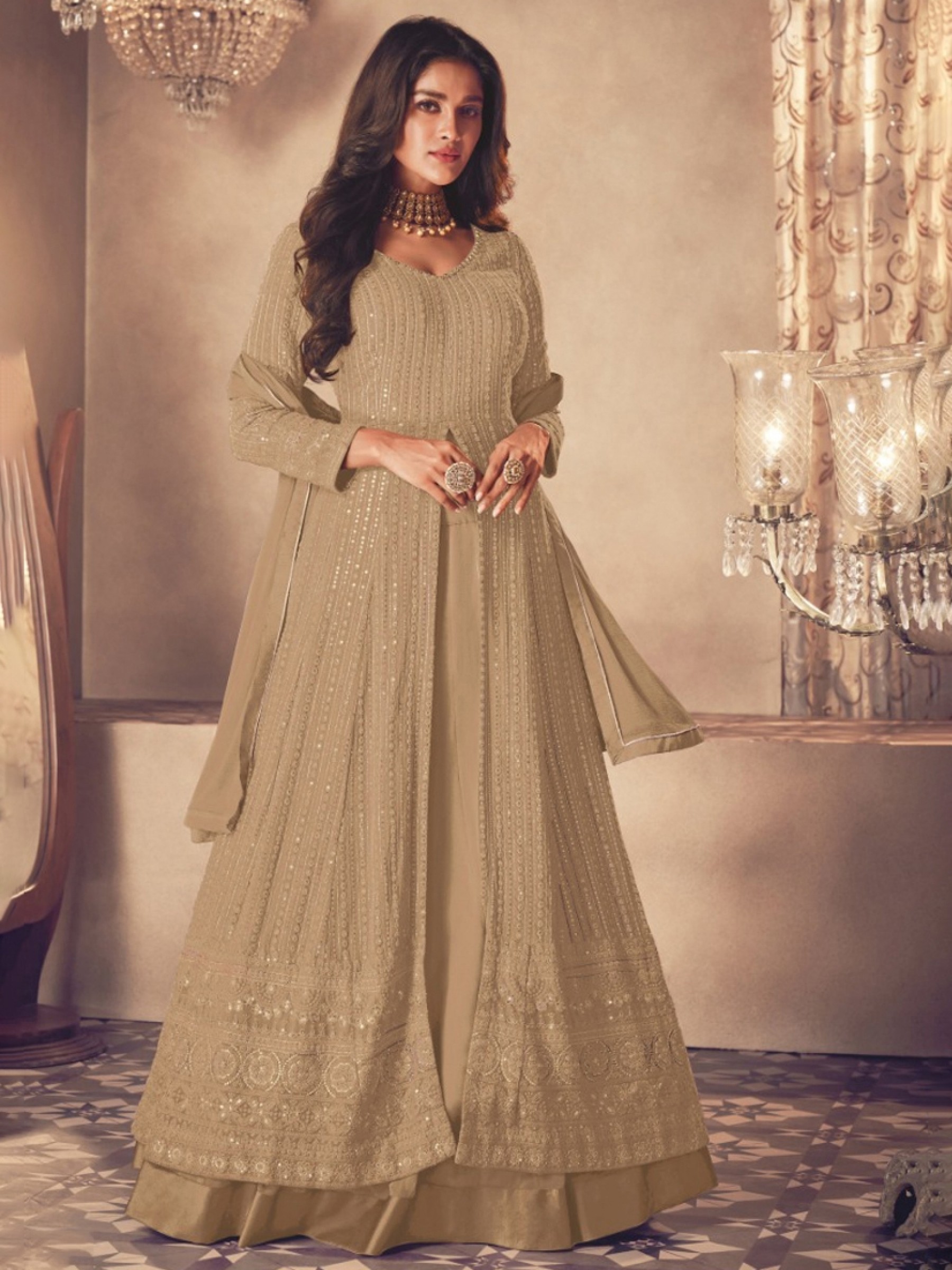 Georgette Silk Party Wear Sharara In Beige With Embroidery Work 