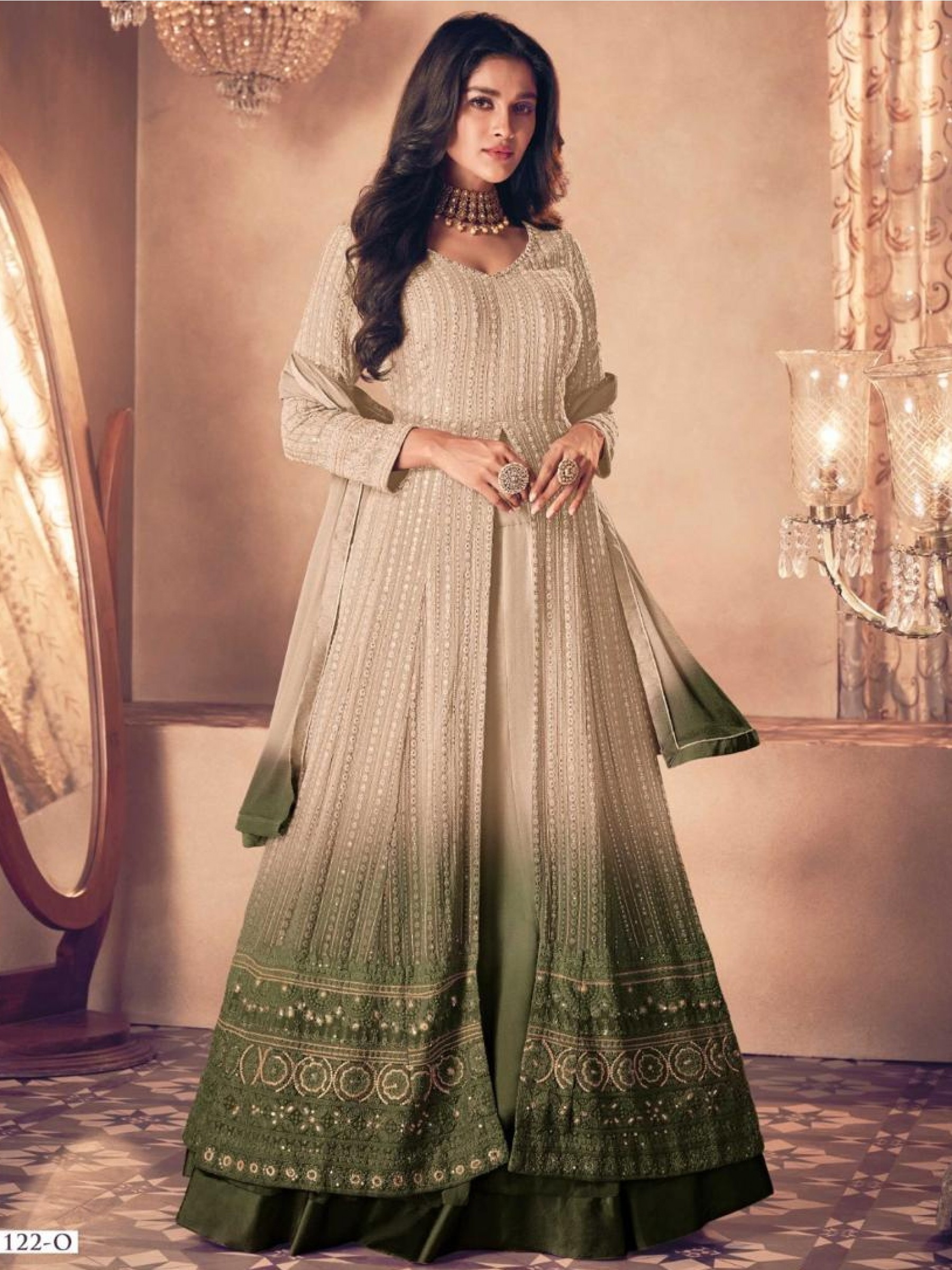 Real Georgette Party Wear Gown Green Color with Embroidery Work