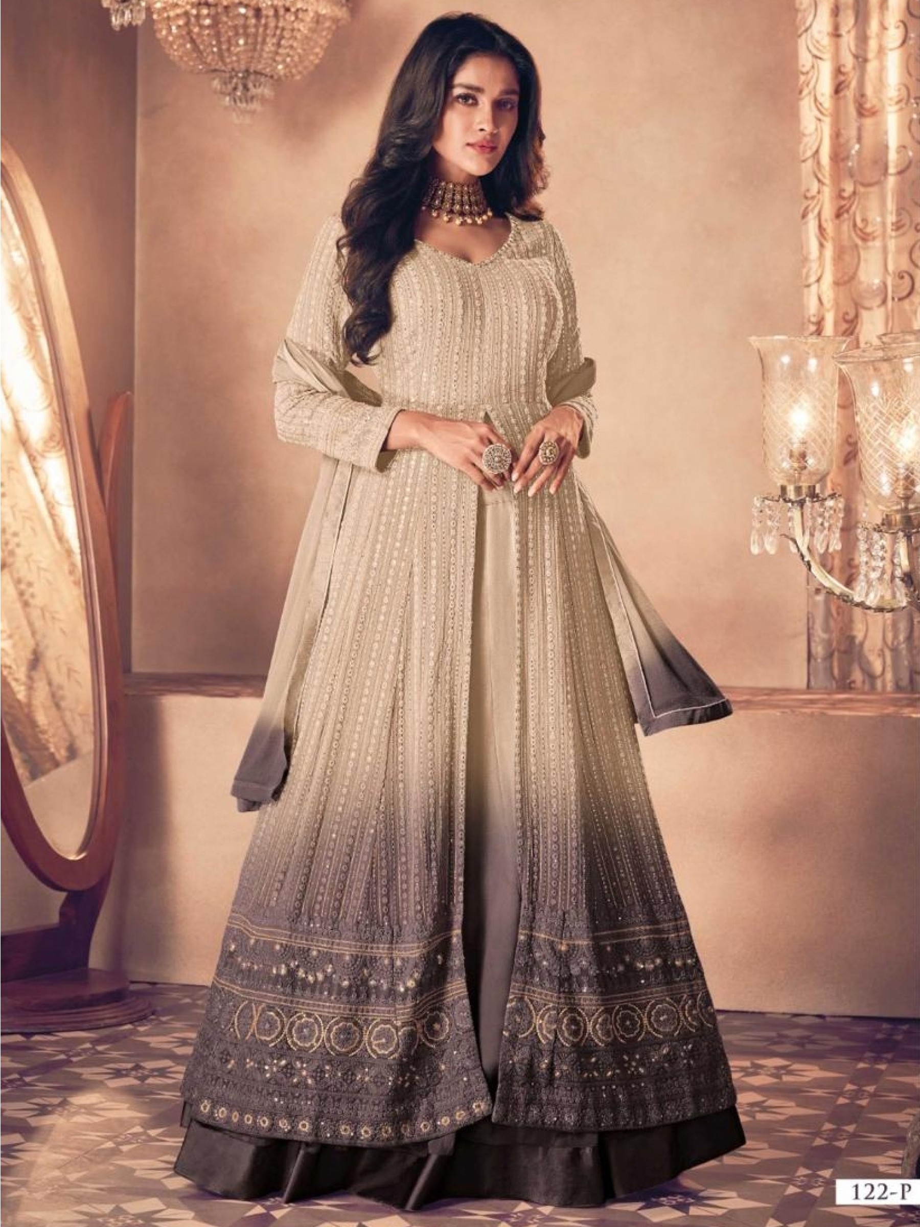 Real Georgette Party Wear Gown Cream & Brown Color with Embroidery Work