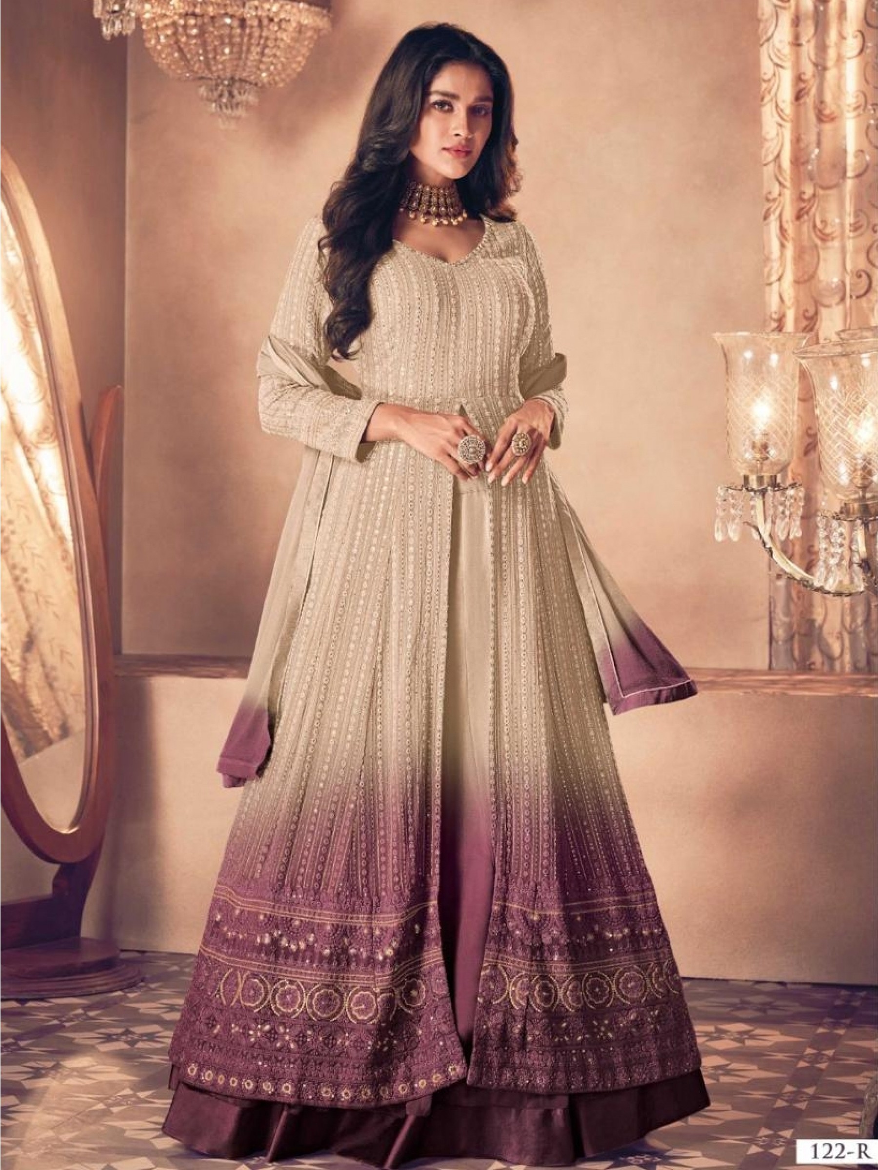 Real Georgette Party Wear Gown Cream & Pink Color with Embroidery Work
