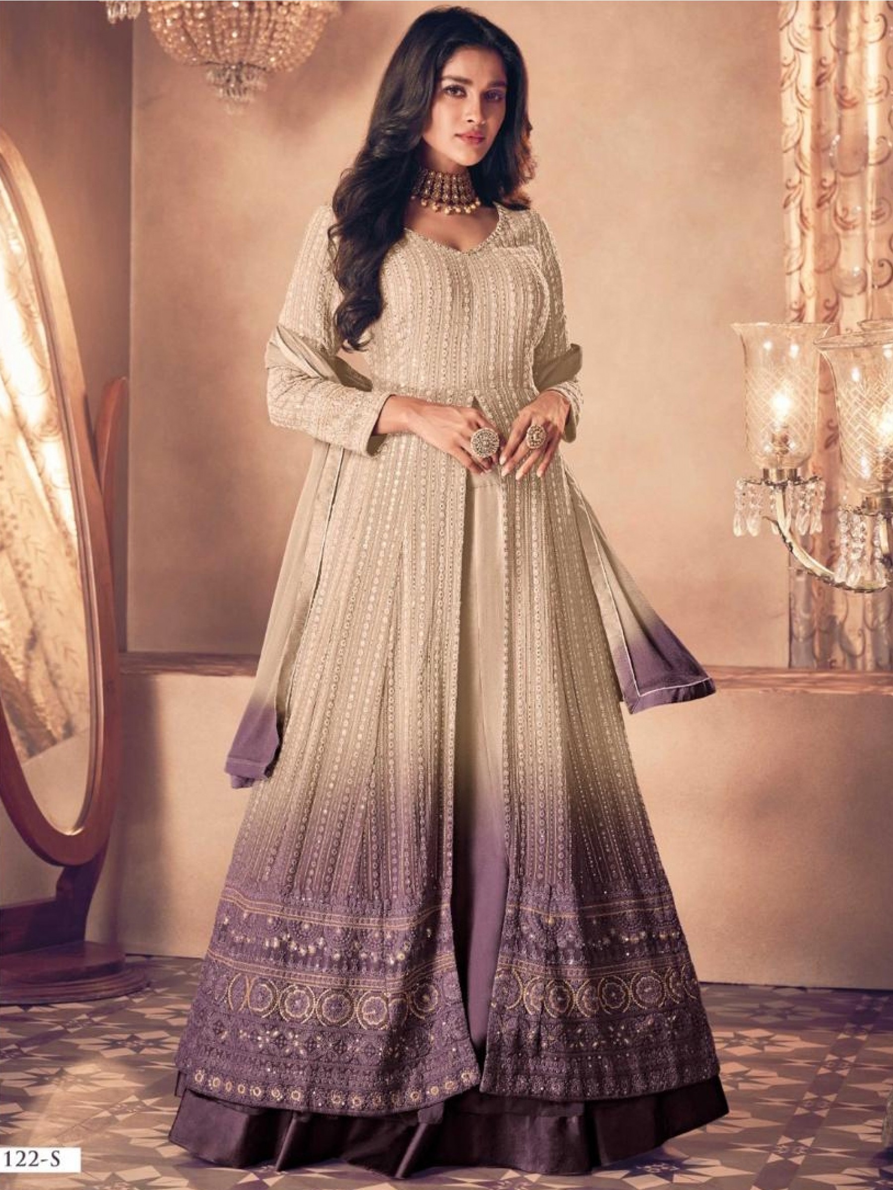 Real Georgette Party Wear Gown Cream & Purple Color with Embroidery Work