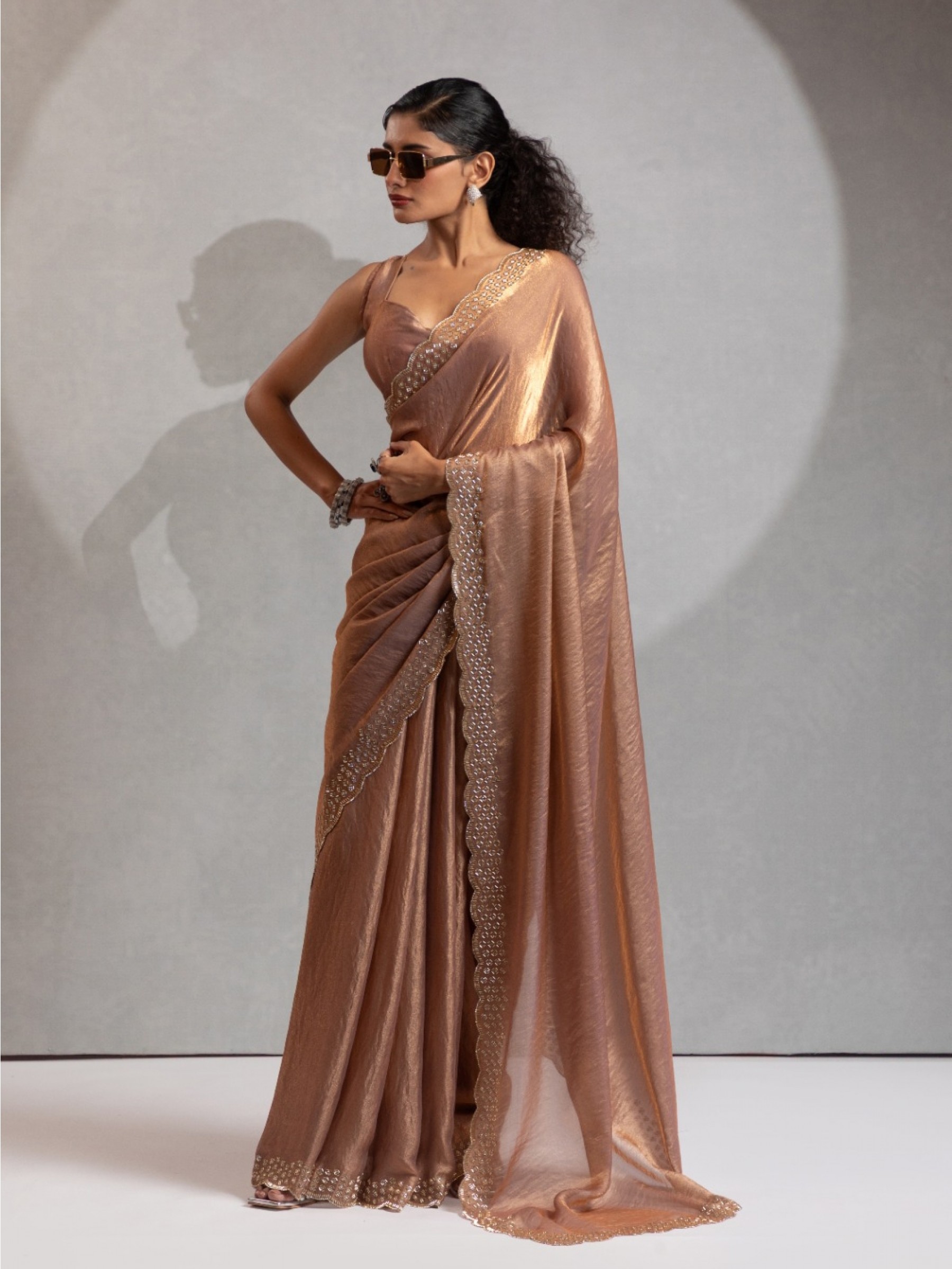 Satin Chiffon Party wear Saree In Biege Color with Swaroskvi Work 