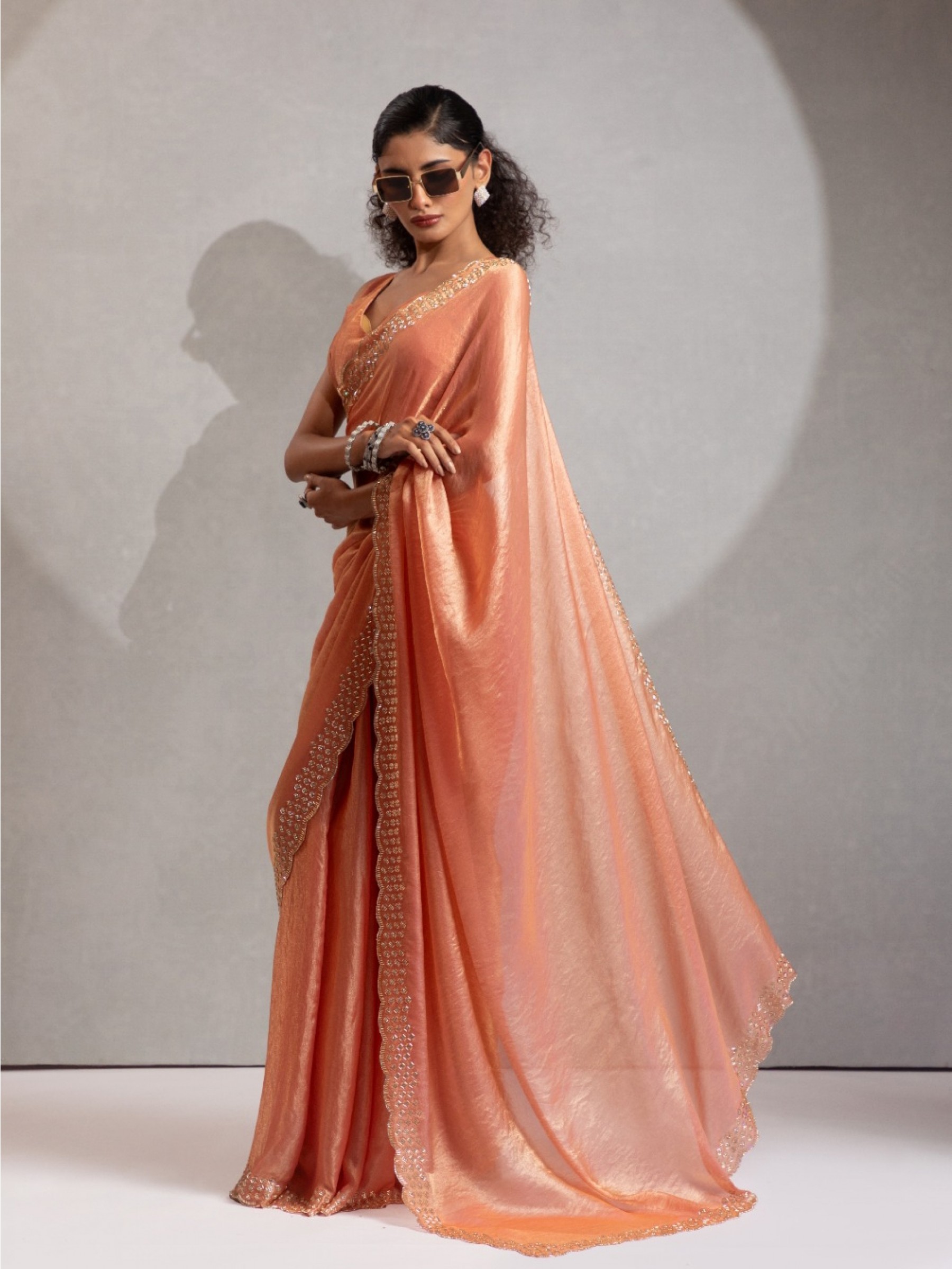 Satin Chiffon Party wear Saree In Orange Color with Swaroskvi Work 