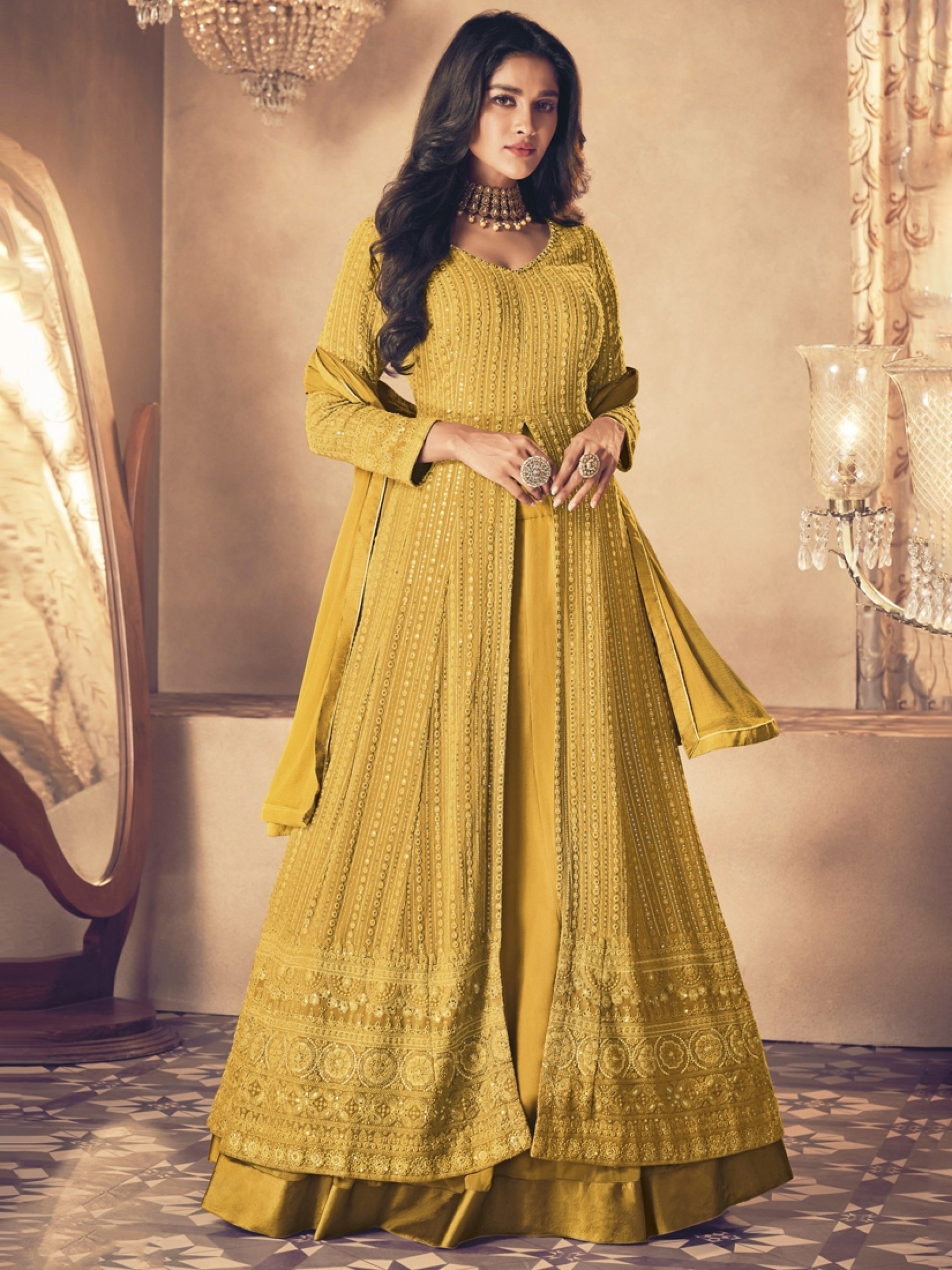 Georgette Silk Party Wear Sharara In Yellow With Embroidery Work 