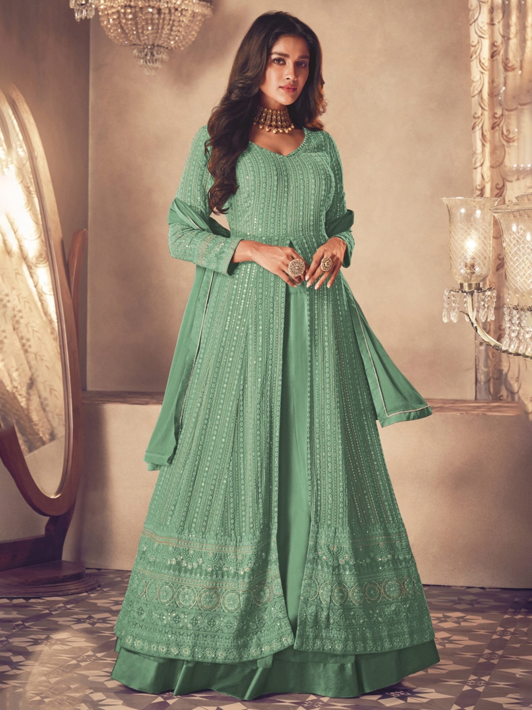 Georgette Silk Party Wear Sharara In Light Green With Embroidery Work 