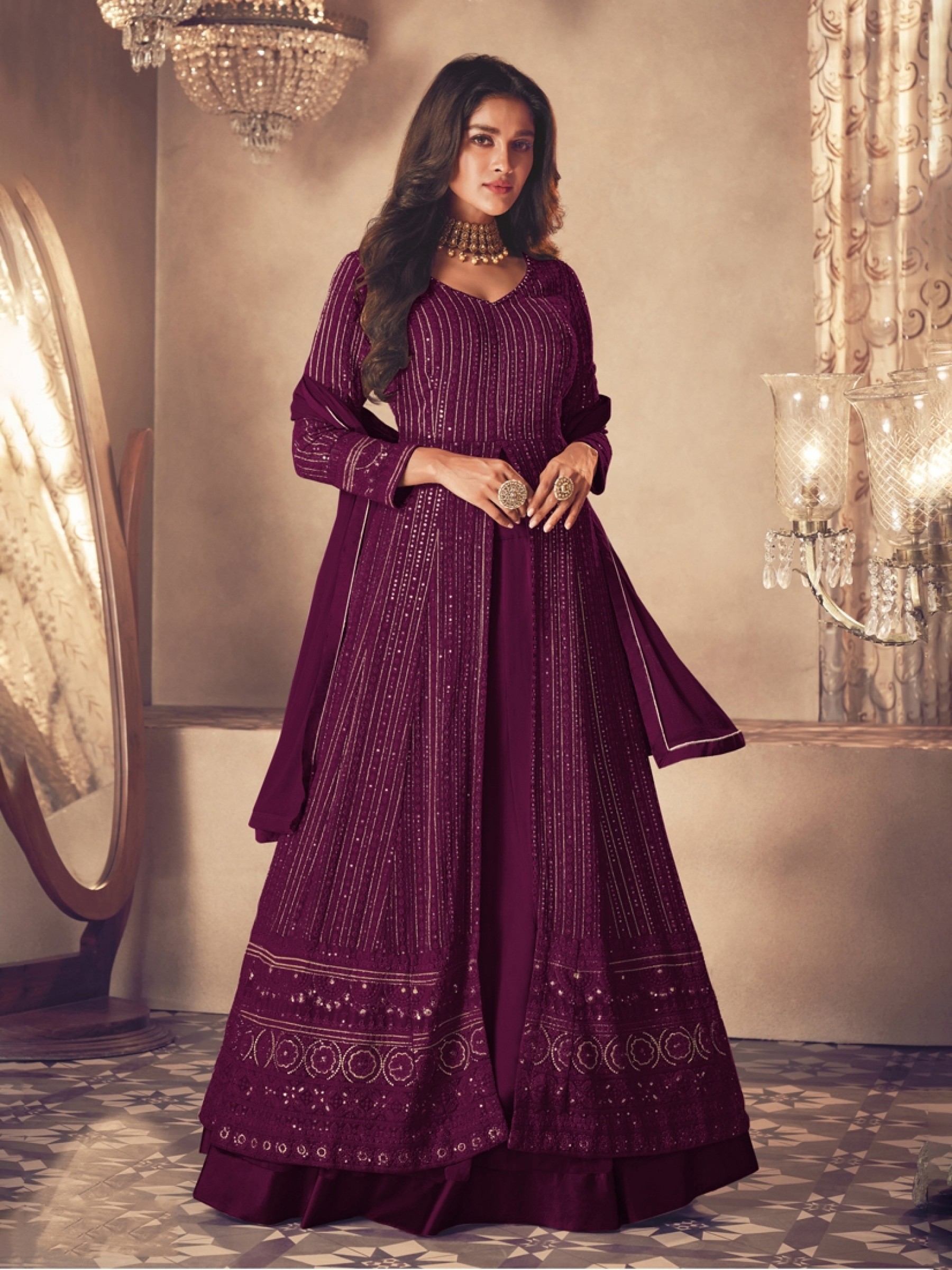 Georgette Silk Party Wear Sharara In Wine With Embroidery Work 