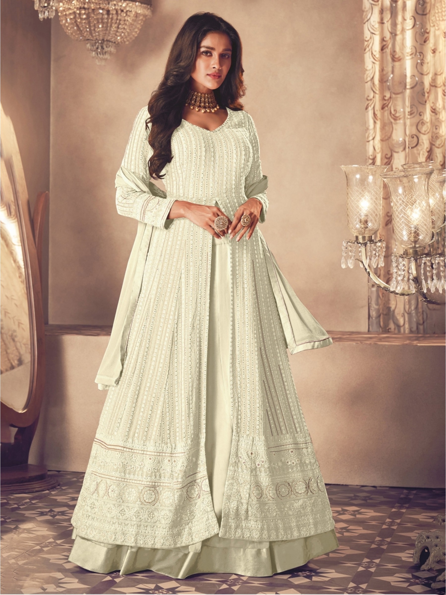 Georgette Silk Party Wear Sharara In Cream With Embroidery Work 
